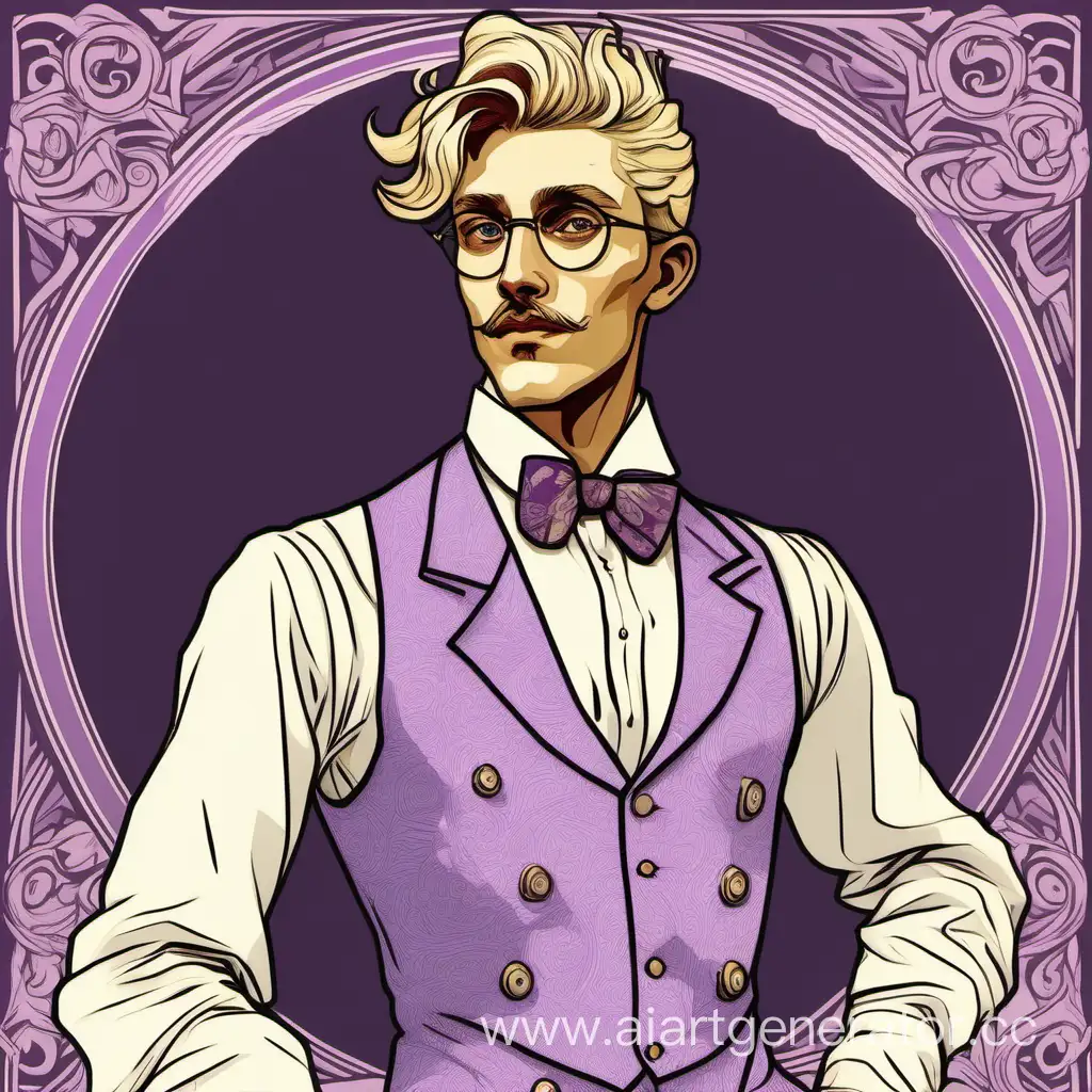 Handsome, tall, spectacled young blonde man radio show host wearing a lavender waistcoat in the style of Alfonse Mucha androgynous 