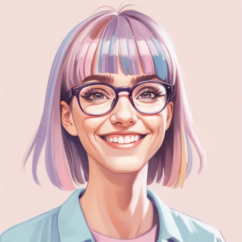 In pastel colors: a female psychologist with a fringe, glasses, smile, and an empathetic look in her eyes
