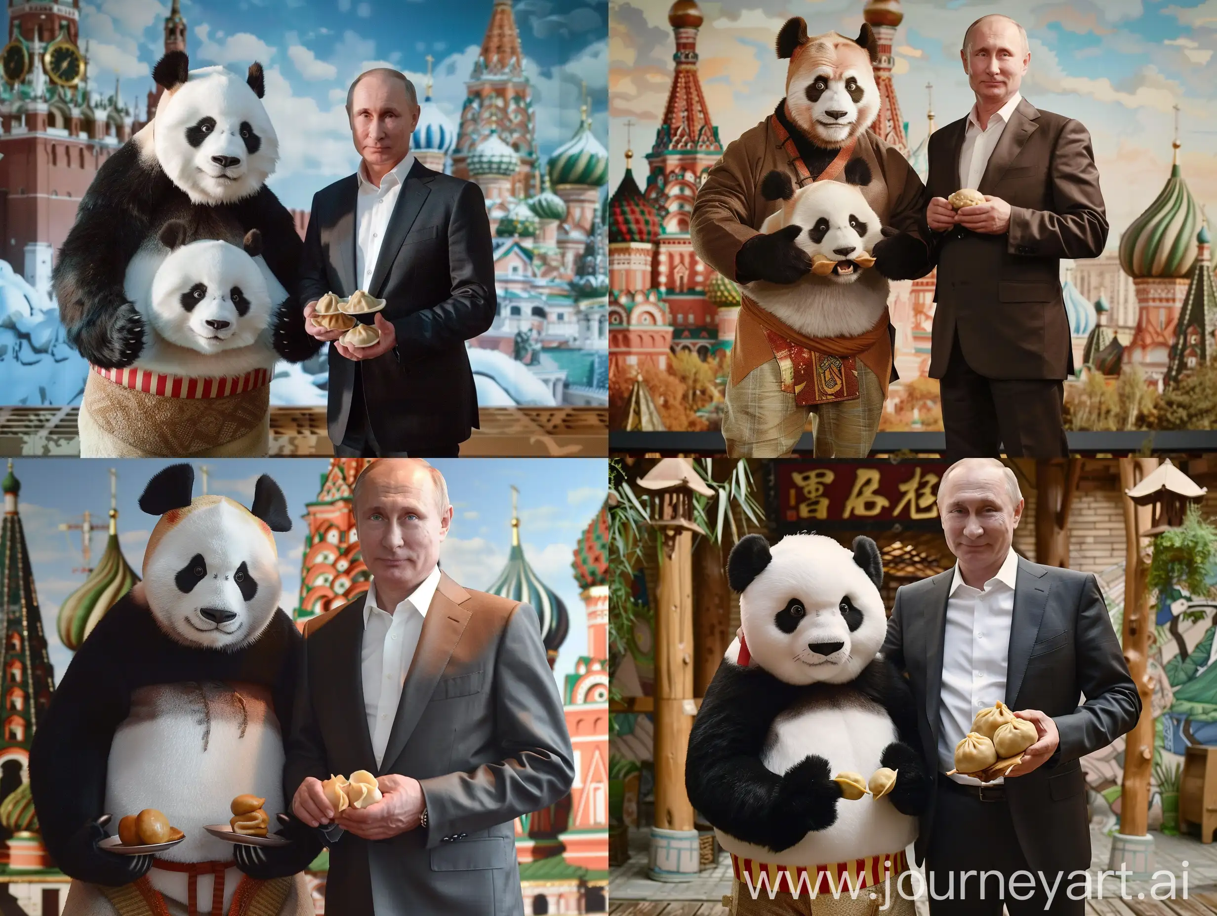 Vladimir Putin stands next to a Kung Fu panda with dumplings in his hands, Moscow background