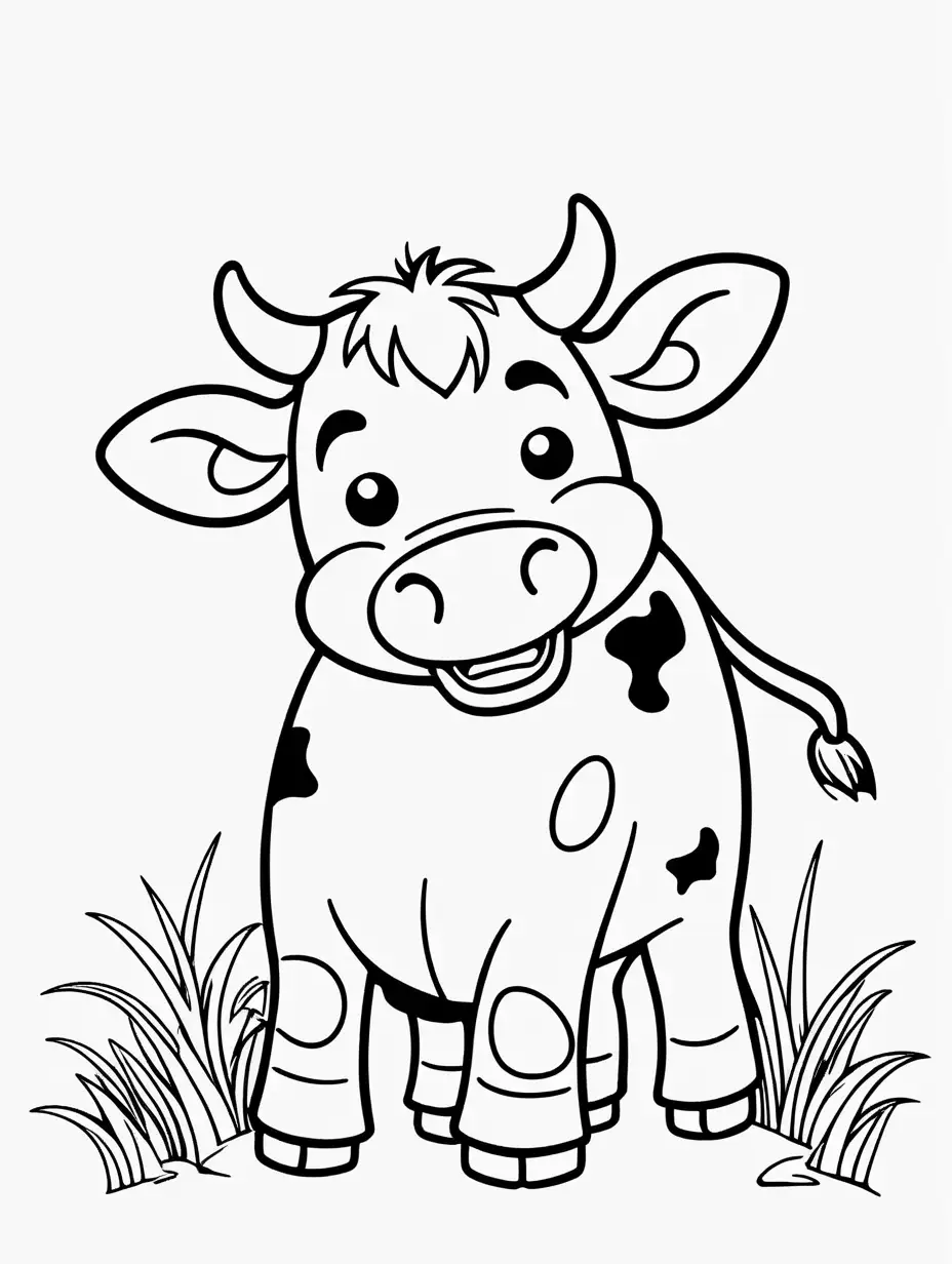 Very easy coloring page for 3 years old toddler. Cartoon Cow eat grass. Without shadows. Thick black outline, without colors and big  details. White background.