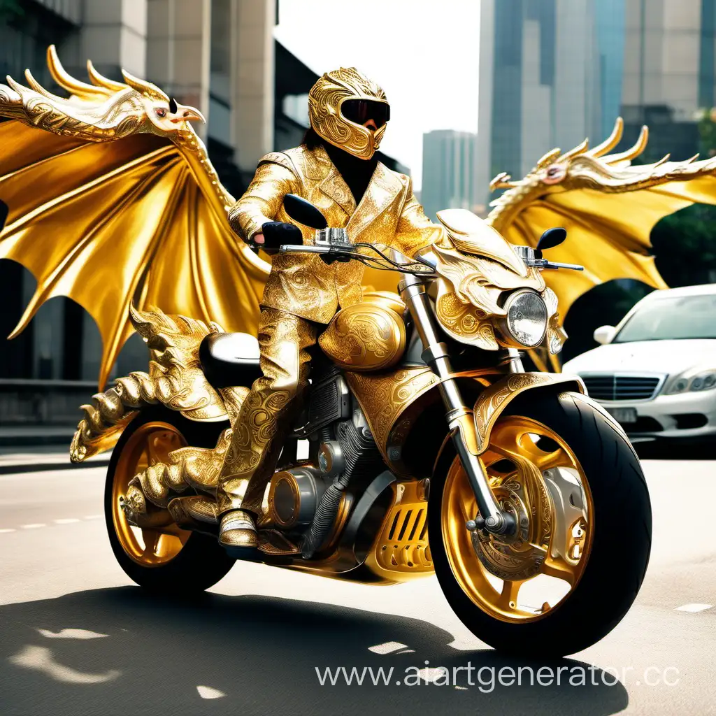 Золотой байкер в золотом одеже виде дракона на  богатом мотацикле