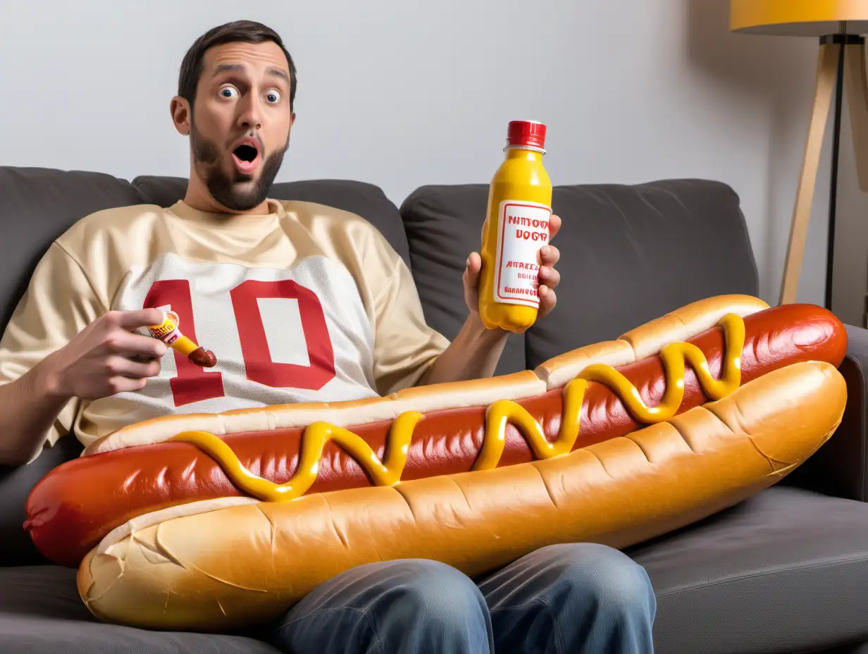 A guy wearing a jersey watching tv on the couch with a human sized hotdog across his lap. Holding a mustard squeeze bottle in one hand