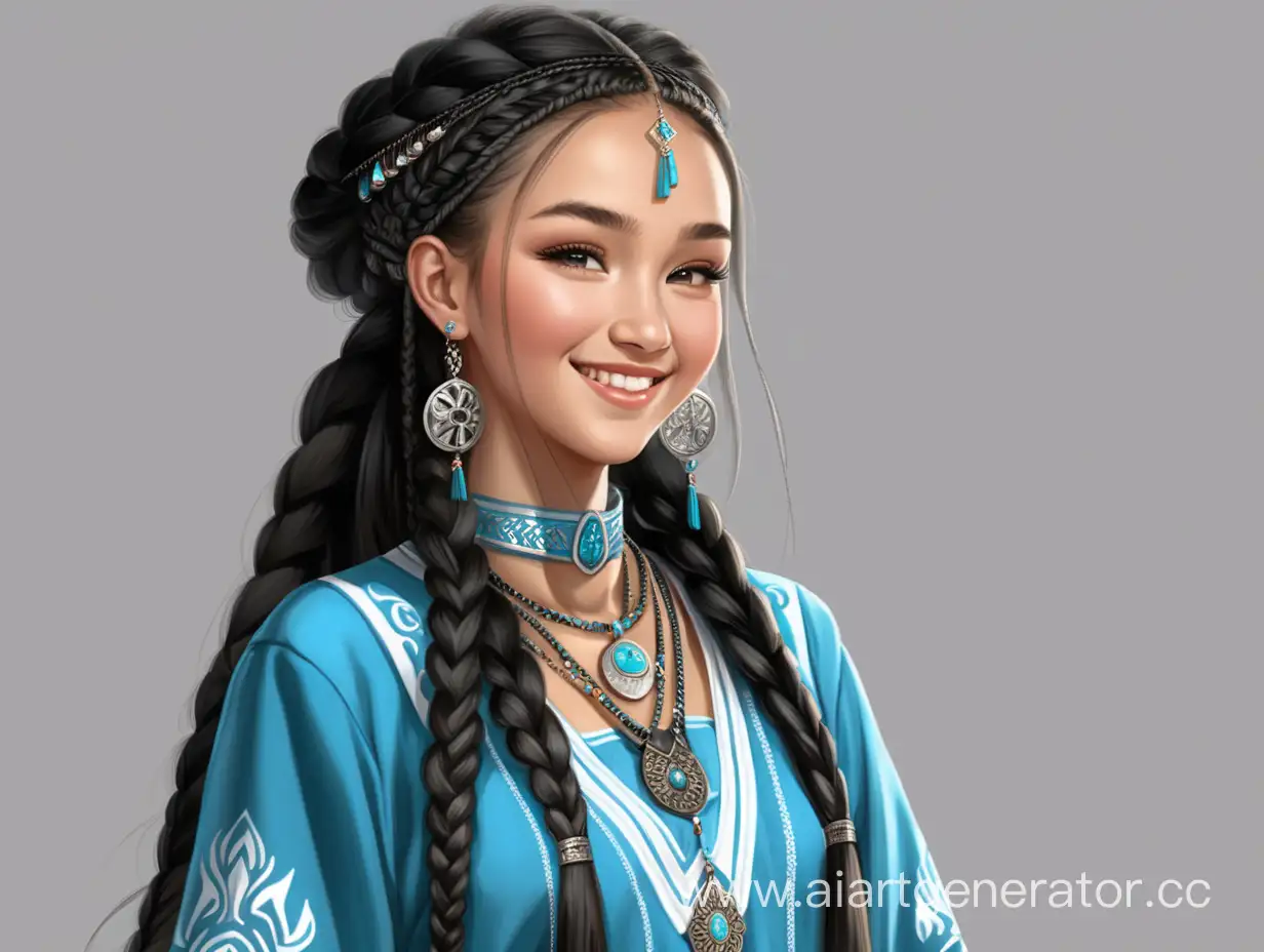 Concept art at full-height. Nineteen-year beautiful kazakh girl, wearing a traditional dress with ornaments and earrings. With long black braids, on which there are metal pendants. 
She has a kind and affectionate smile.