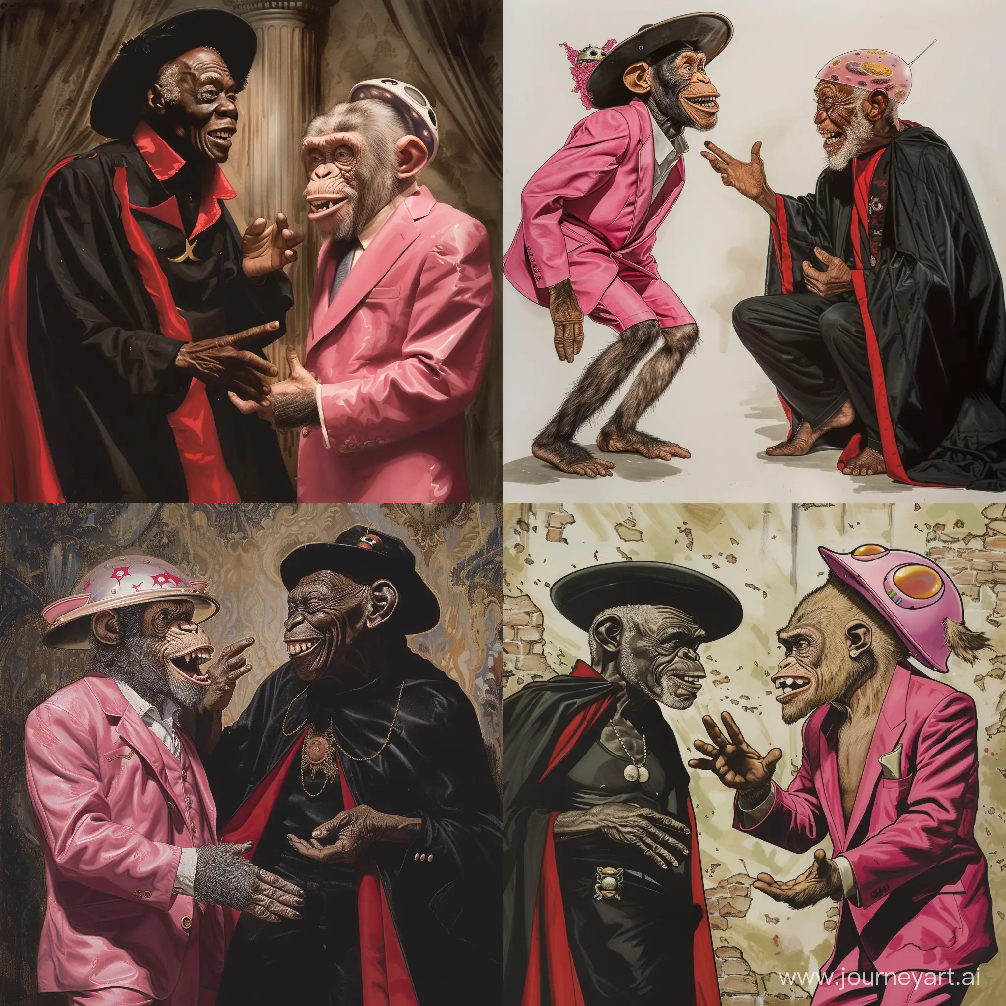 Old black man in black and red cape argues with ape in pink suit and an alien hat with Andrew Tate laughing 