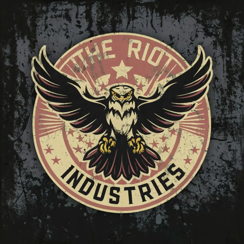 logo, hawk, with the text "The Riot Industries", typography