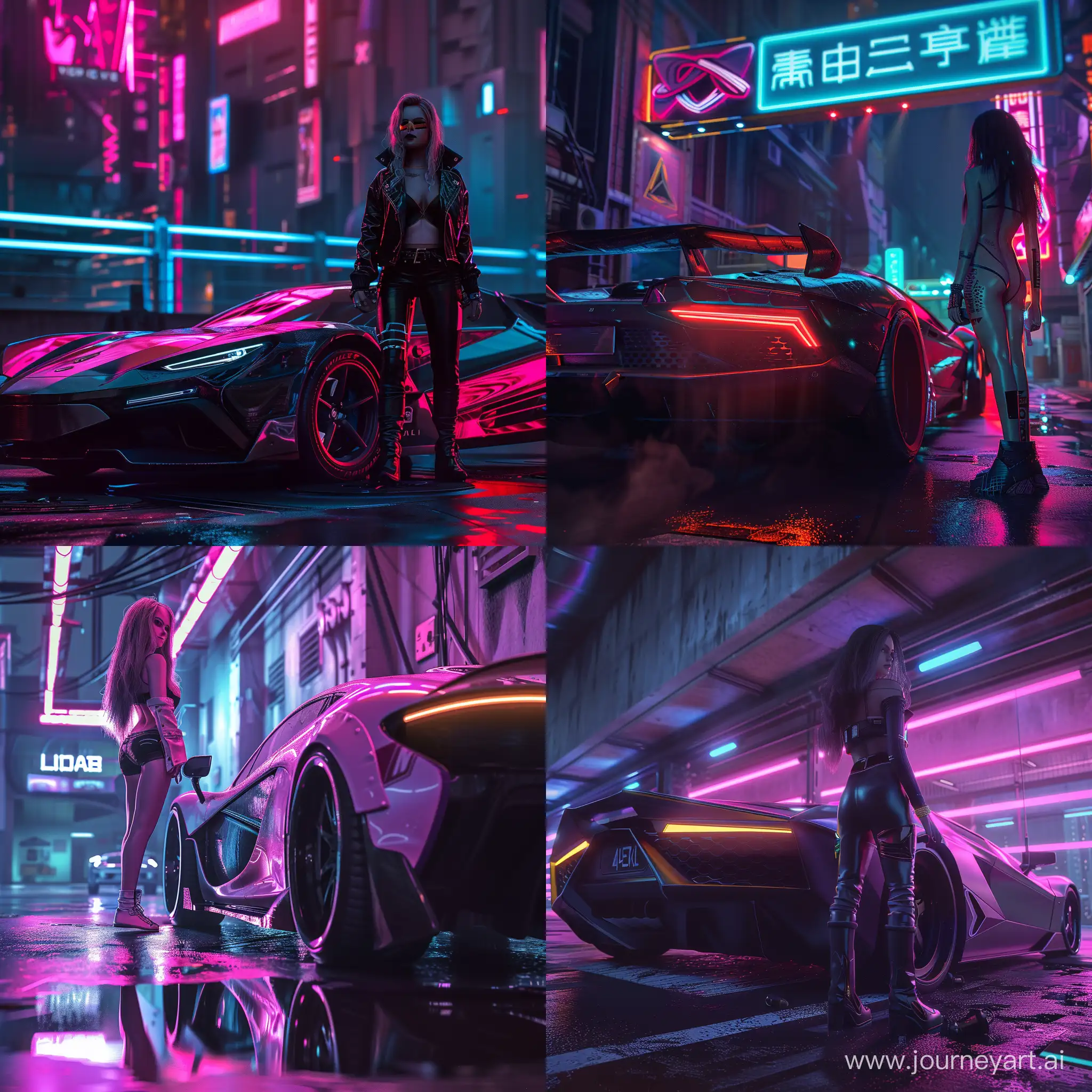 Futuristic-Cyberpunk-Scene-Stylish-Girl-Posing-Beside-Super-Car-with-Vibrant-Neon-Illumination-in-Stunning-4K-Detail