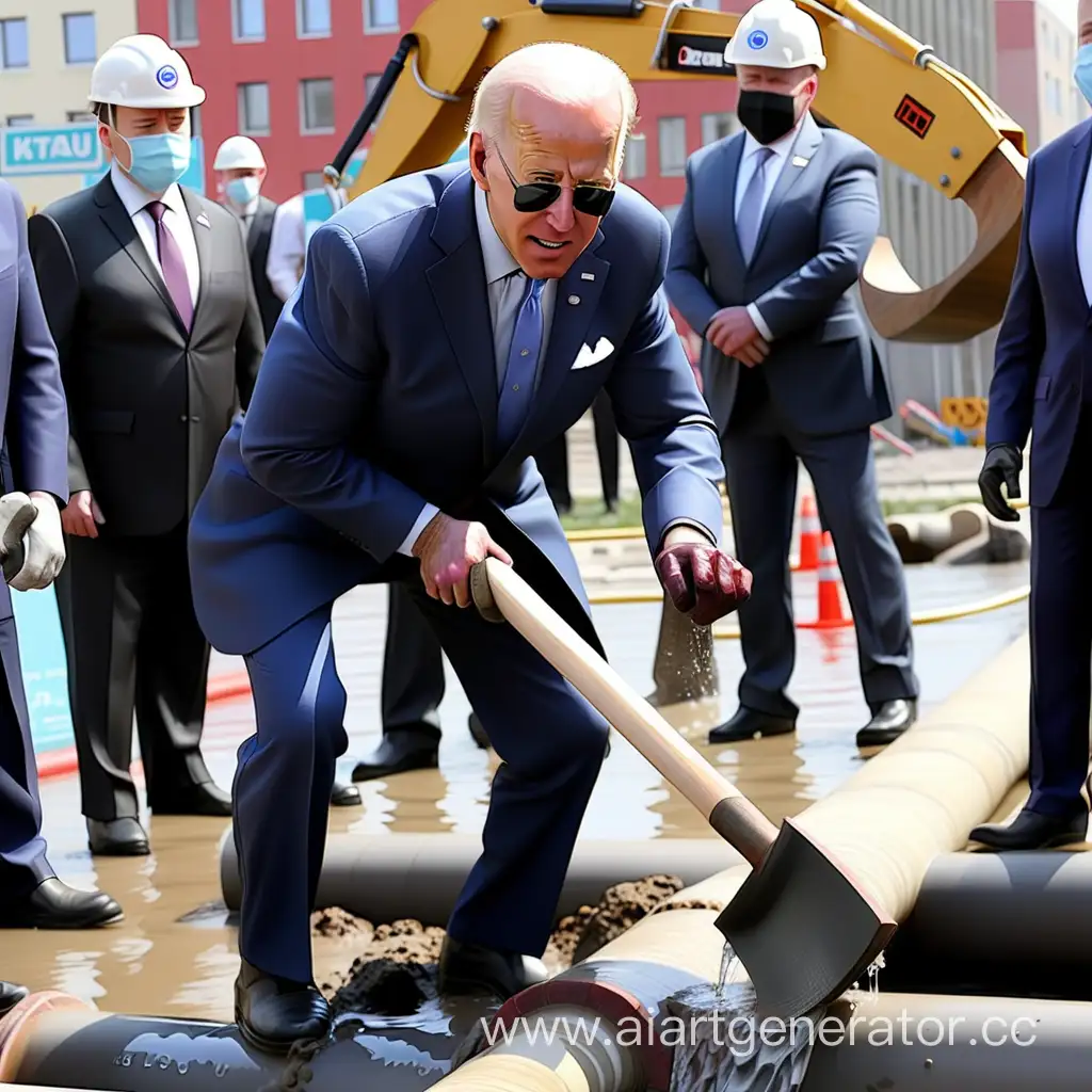 президент америки Джо Байден ломает трубопровод с водой топором в центре города Новосибирск
