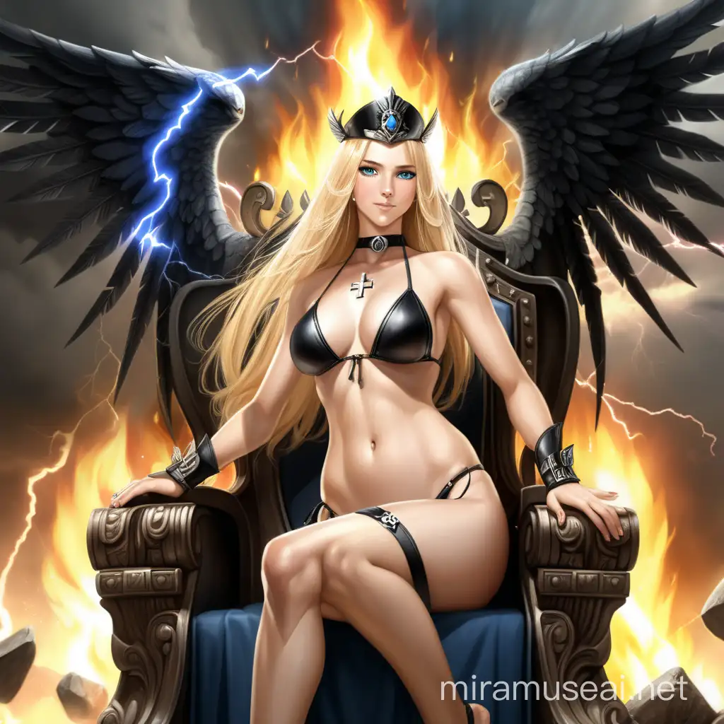 Blonde Empress Goddess in Black Bikini Throwing Fire and Lightning