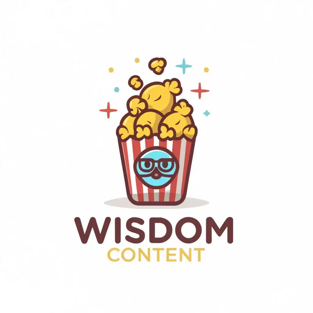 a logo design,with the text "Wisdom Content", main symbol:colourful popcorn with symbol of namaste on popcorn,Minimalistic,be used in Entertainment industry,clear background