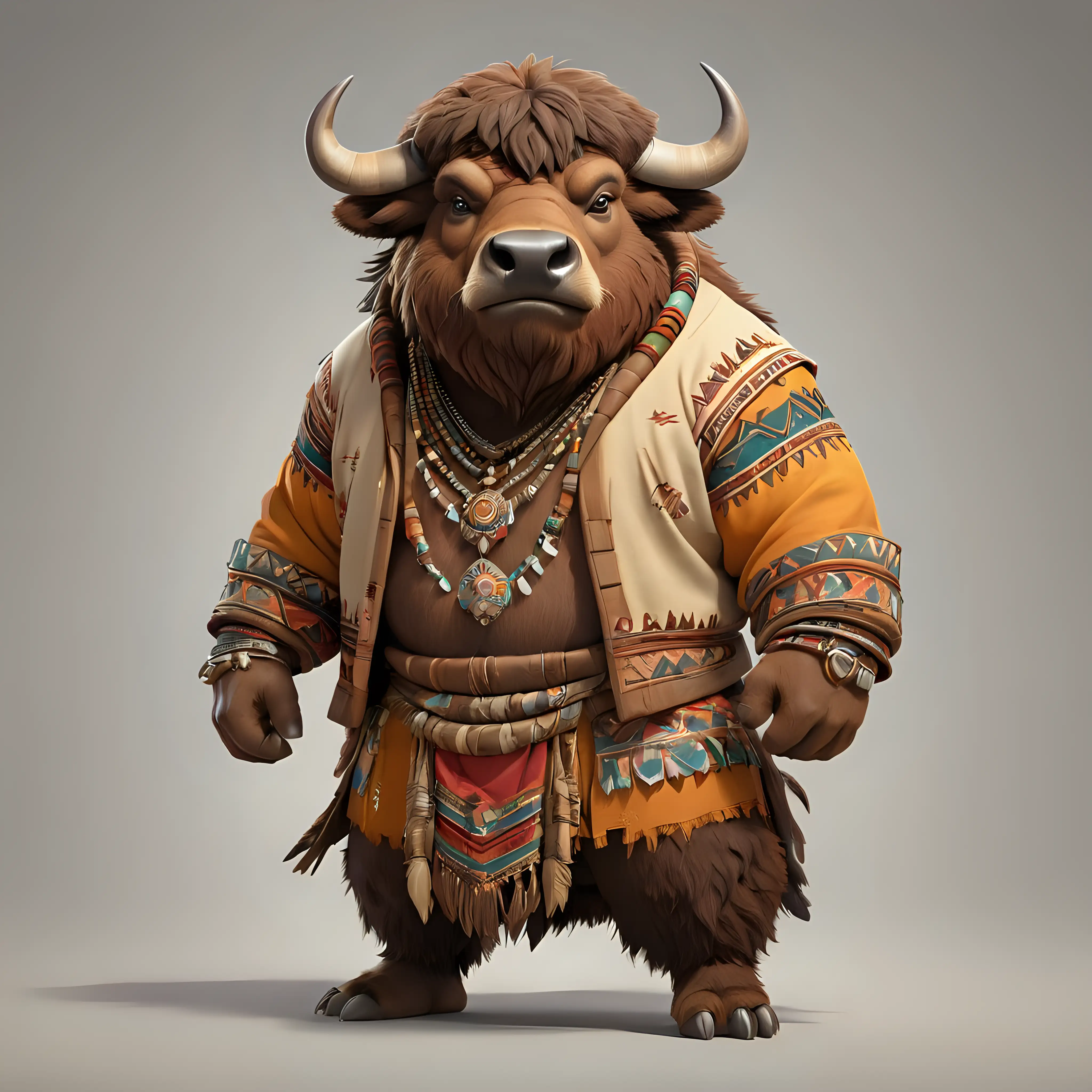 a bison in cartoon style in full body with tribal clothes with clear background