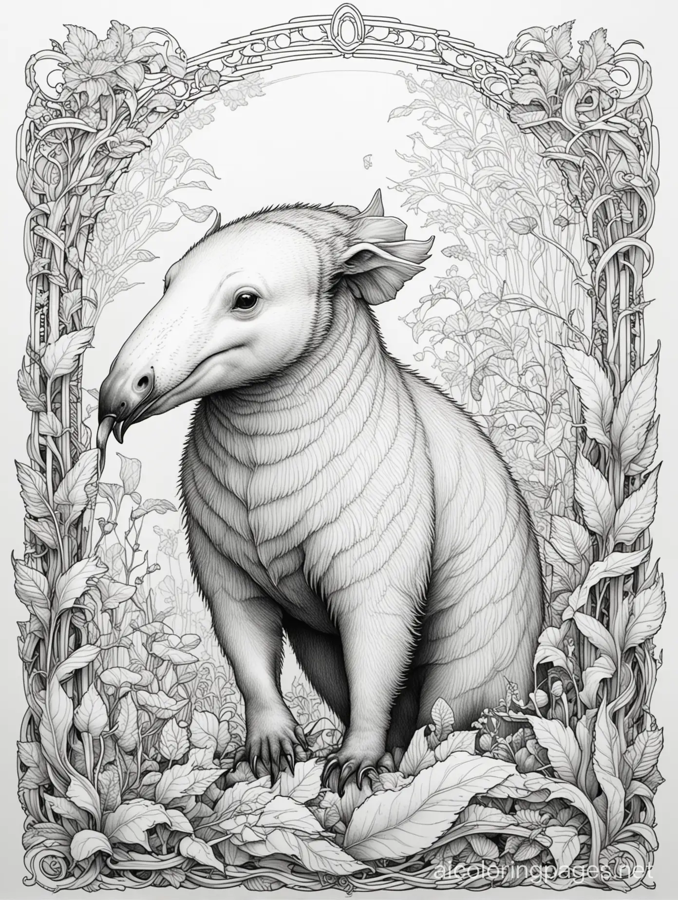 Graphic illustration Anteater, fantasy, ethereal, beautiful, Art nouveau,  in the style of James Jean, Coloring Page, black and white, line art, white background, Simplicity, Ample White Space. The background of the coloring page is plain white to make it easy for young children to color within the lines. The outlines of all the subjects are easy to distinguish, making it simple for kids to color without too much difficulty