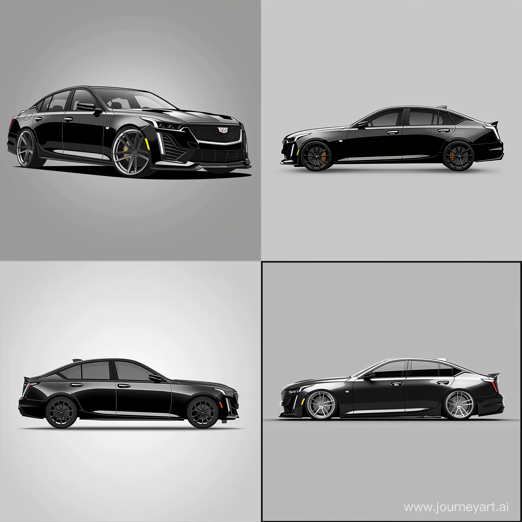 Minimalism 2D Illustration Car of 90° View, Cadillac CT5: Customized, Black Body Color &, Simple Gray Background, Adobe Illustrator Software, Natural Details, High Precision