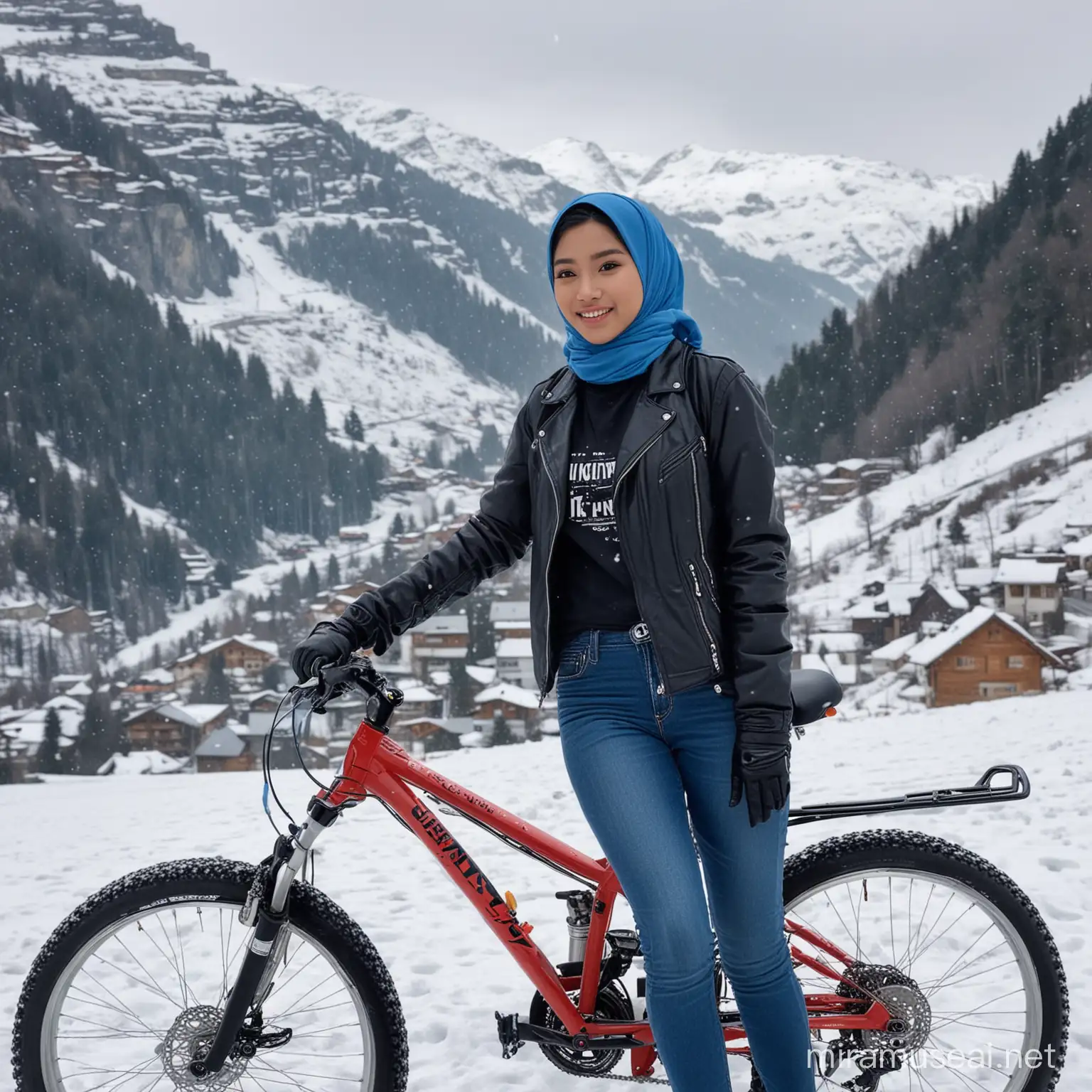 Gadis indonesia unuur 20 tahun,jilbab biru,baju kaos dan jaket hitam,celana blue jean,sedang bersepeda hitam di pegunungan alpen yg bersalju di swiss