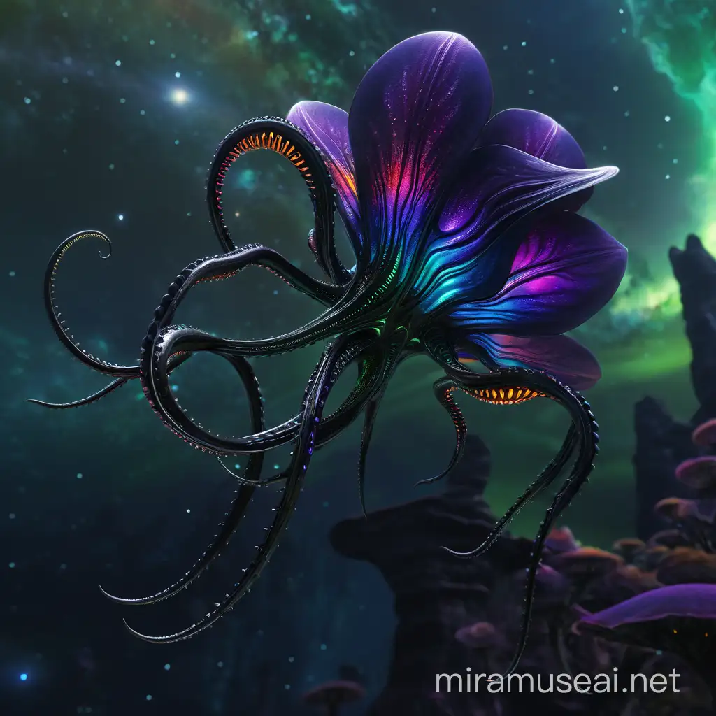 An otherworldly Trypod creature hovers gracefully above a fantastical alien landscape. Its sleek metallic body shines with an array of vibrant colors, reflecting the strange flora and fauna below. The intricate details of its three elongated legs and tentacled arms are captured in breathtaking detail, giving a sense of both elegance and mystery. This stunning ultra realistic photo perfectly captures the essence of a truly mesmerizing alien being, inviting viewers to explore its enigmatic world.