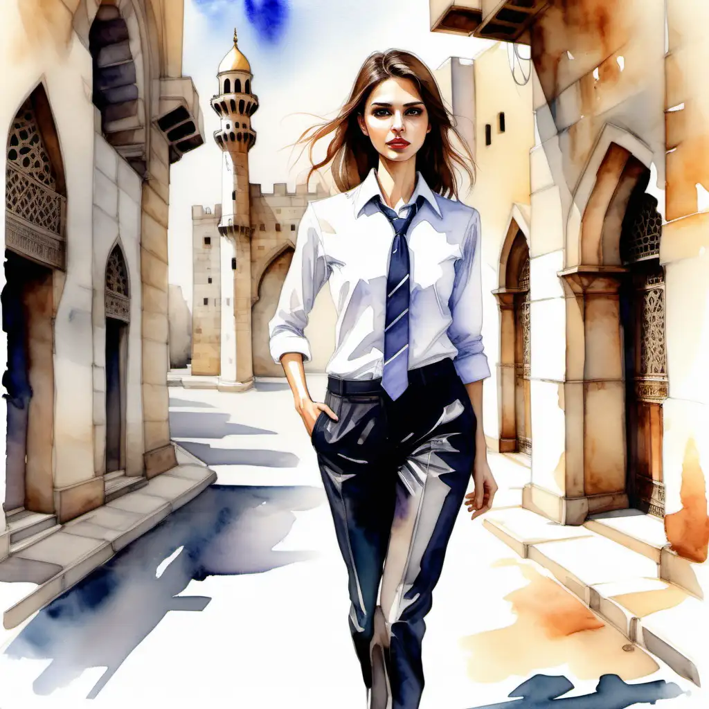 
young woman, airline pilot in a white shirt and tie and dark pants, long face, brown hair and eyes, full lips, thin and tall walking through the streets of castles in an Arab city, watercolor