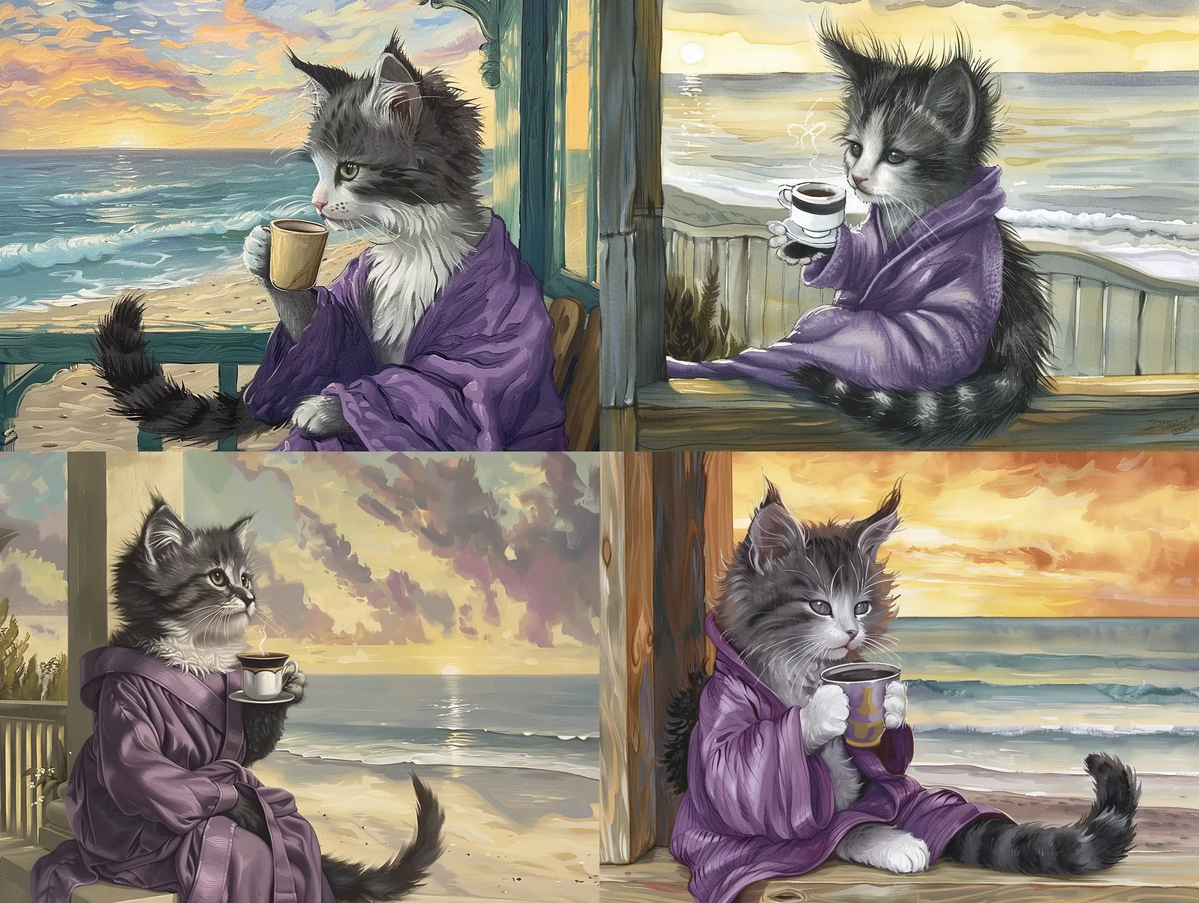 Grey and white Norwegian Forest cat kitten with dark grey ears and a black and grey striped tail. It is wearing a purple robe, sitting on a porch, sipping coffee, and watching the sunrise at the beach.  Style is Edgar Degas
