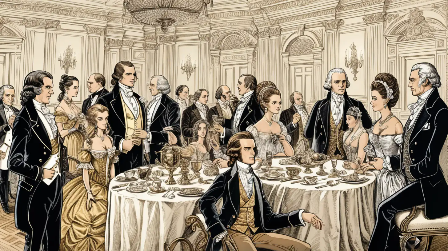 Create a comic-style illustration portraying the social life of the elite during the founding of the USA. Show scenes of opulent gatherings, elegant balls, and refined conversations among wealthy and influential figures. Include elements of colonial-era fashion, architecture, and decor to capture the atmosphere of the time. Highlight the contrast between the luxurious lifestyle of the elite and the broader societal context of the era.