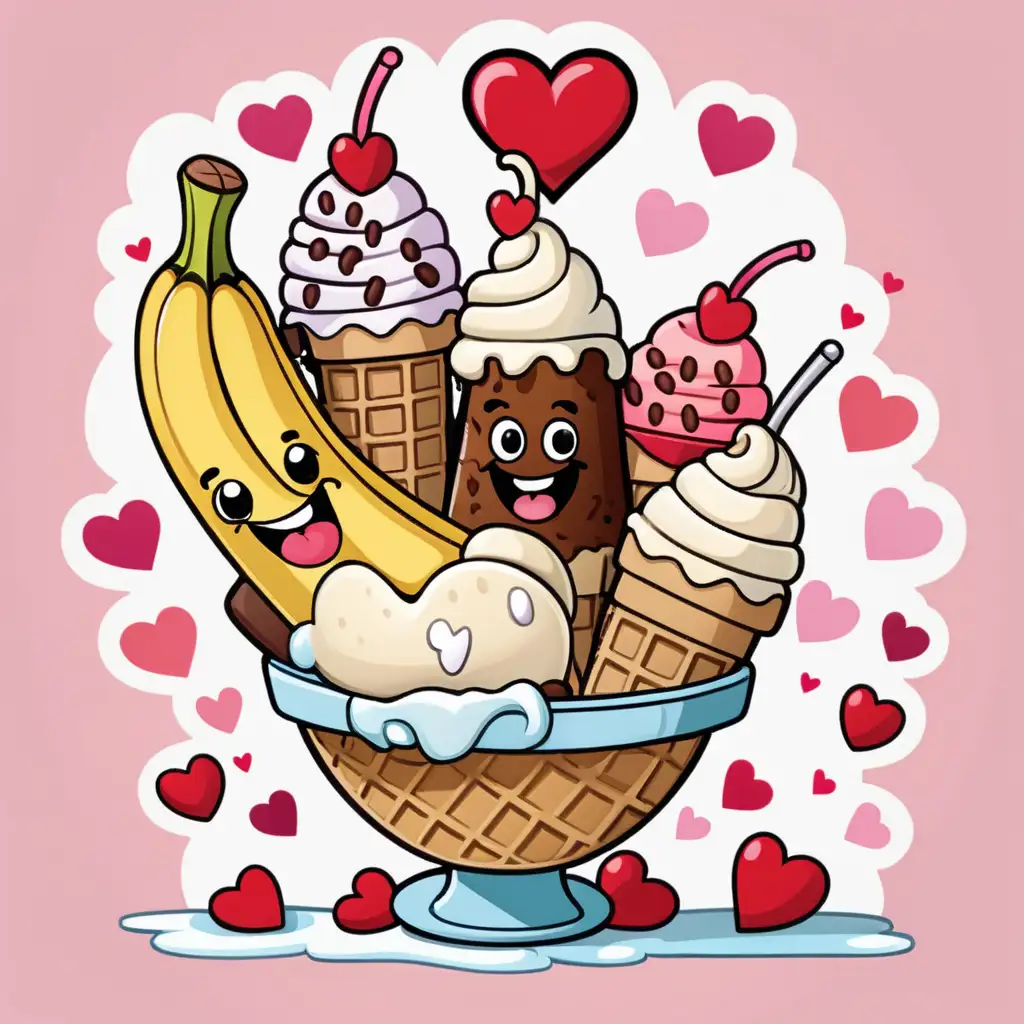 Whimsical Valentines Day Delight Ice Cream Banana Split Cartoon