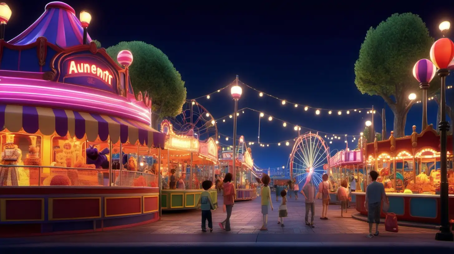 Vibrant Nighttime Amusement Park with PixarStyle Vendors