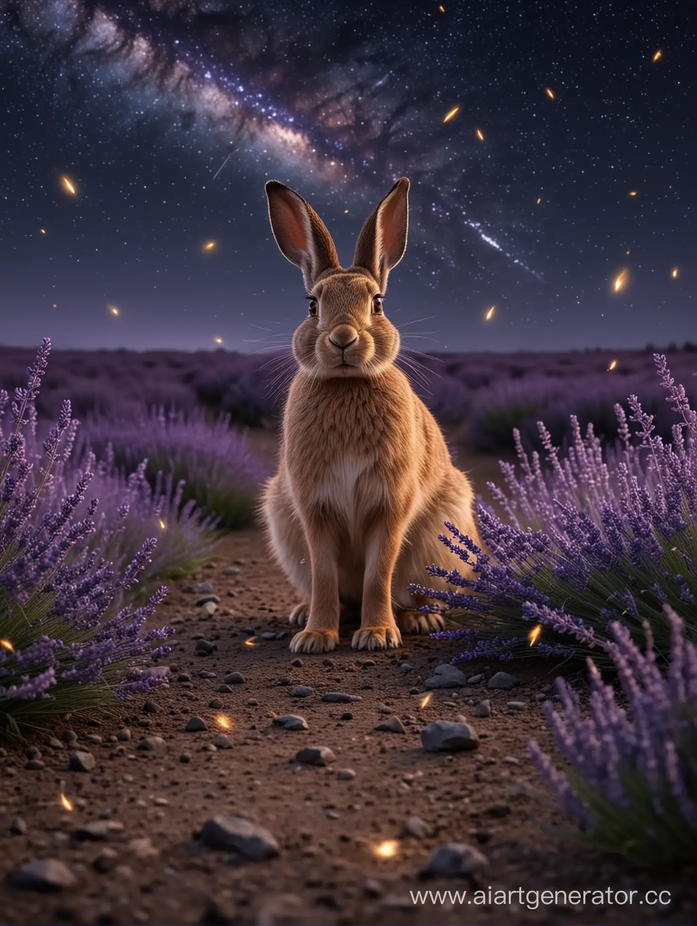 Лавандовое поле ночью, на земле сидит заяц, размытый фон, на фоне звездопад, в воздухе летают светлячки, реалистично