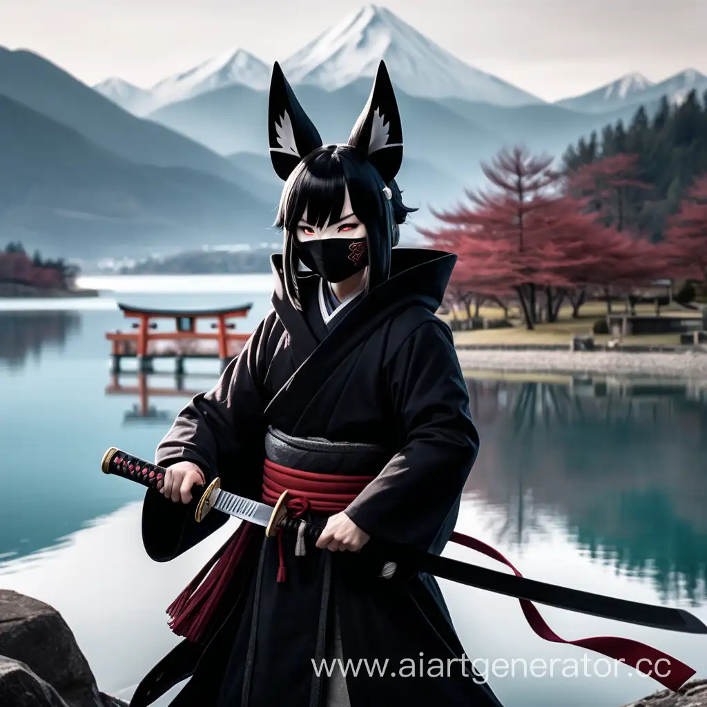 Mysterious-Kitsune-Warrior-with-Katana-amidst-Mountain-Lake