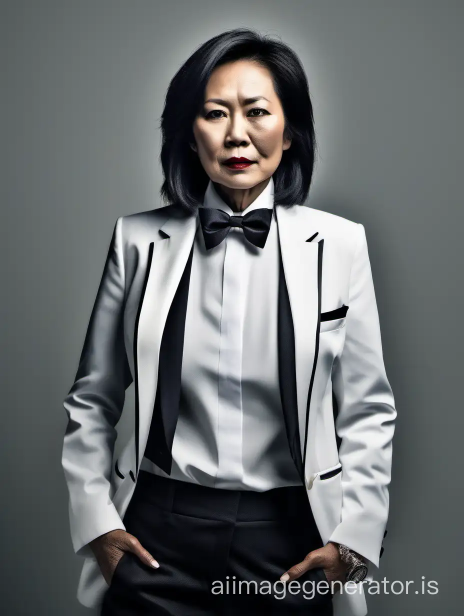 50 year old confident and sophisticated and stern asian woman with shoulder length hair wearing a tuxedo, white shirt with black bowtie and cufflinks, lipstick, hands in pockets, open jacket.  She is in a dark room.