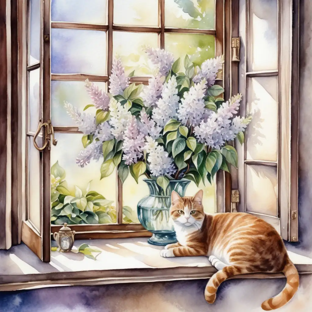 antikt fönster med vita syrener i in vas, utanför blommar syrener i trädgården,, en katt ligger i fönstret, i vattenfärg





