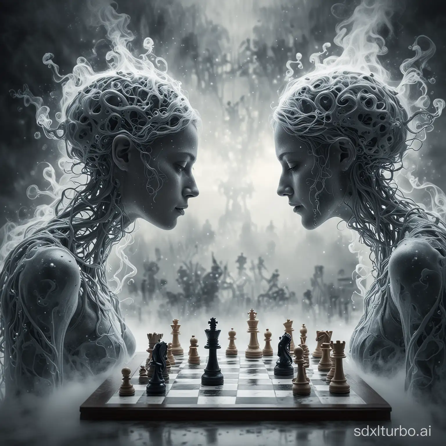 a woman is playing chess with his humanoid neurons , figures made of swirling mist, splashcore, unique and surreal