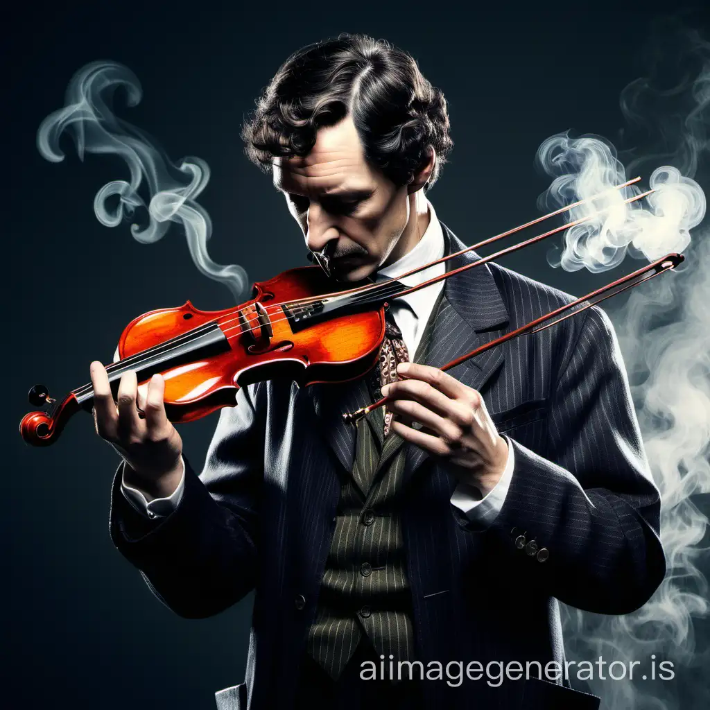 Sherlock Holmes smokes a pipe and plays the violin.