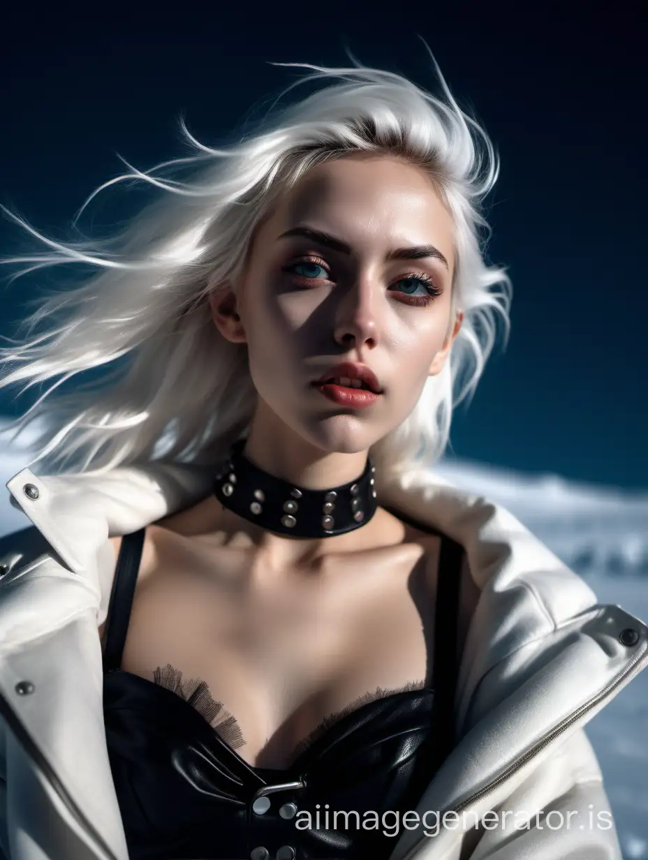 professional photo, portrait of a beautiful thin seductive girl at the North Pole, close-up of the face, natural beauty, big expressive eyes, Balenciaga dress with punk style, lush white hair blowing in the wind, décolletage, push-up, realism, 4k, film, natural light, high resolution, high detail, night time, fashion editorial, different poses
