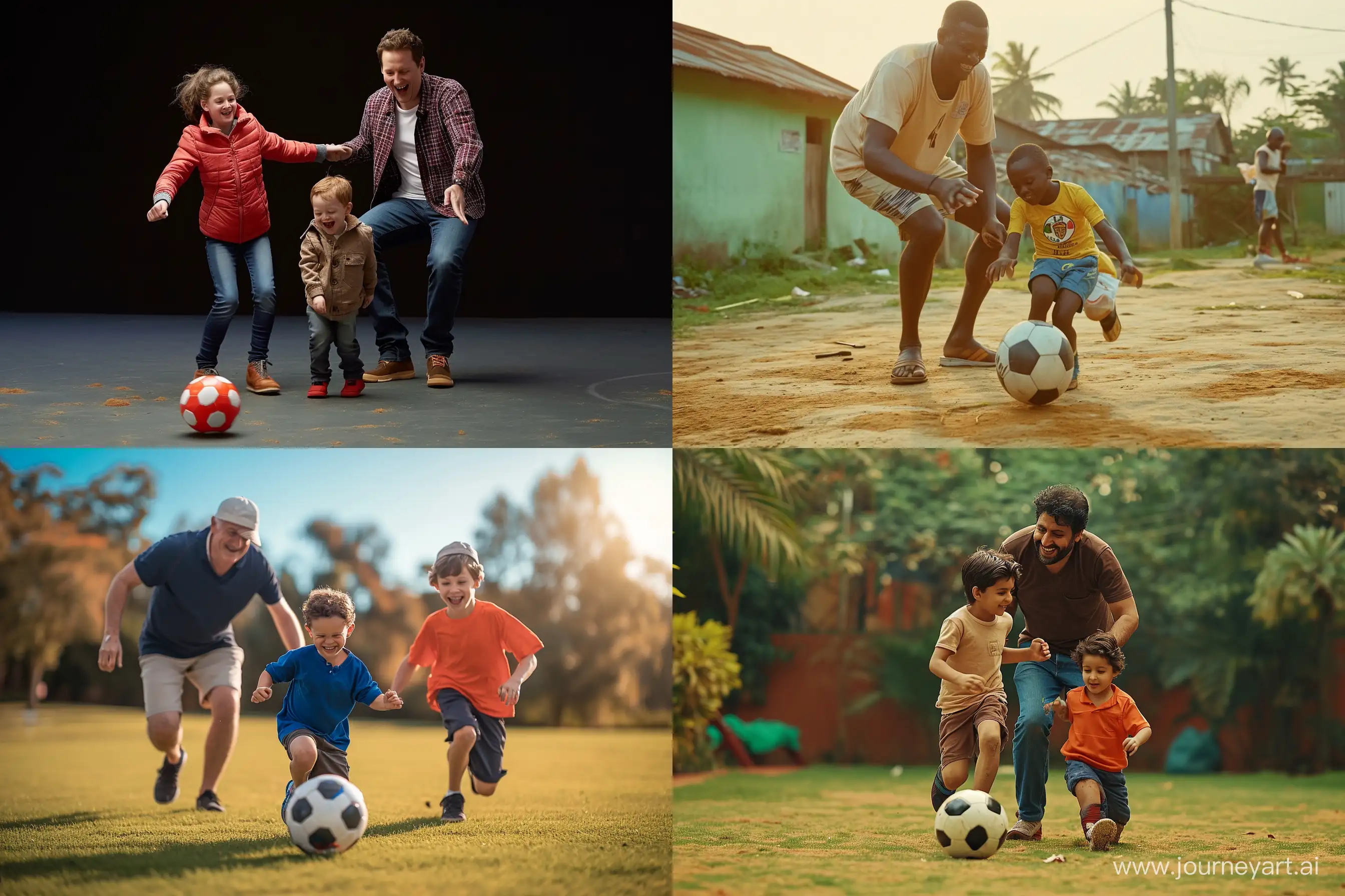 This photograph reflects the authenticity and genuineness of real-life moments. It encapsulates the joy and energy of a friendly football match, showcasing the bond between parents and children. The image is a testament to the power of studio photography in capturing true emotions and creating compelling narratives. --v 6  --ar 3:2