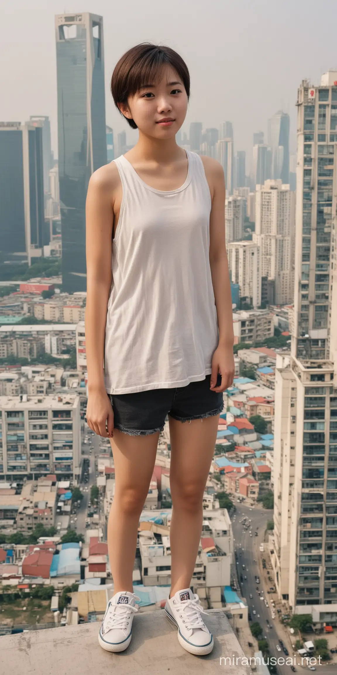 18岁的中国女孩，长相普通，短头发，站着一座高楼的顶上。