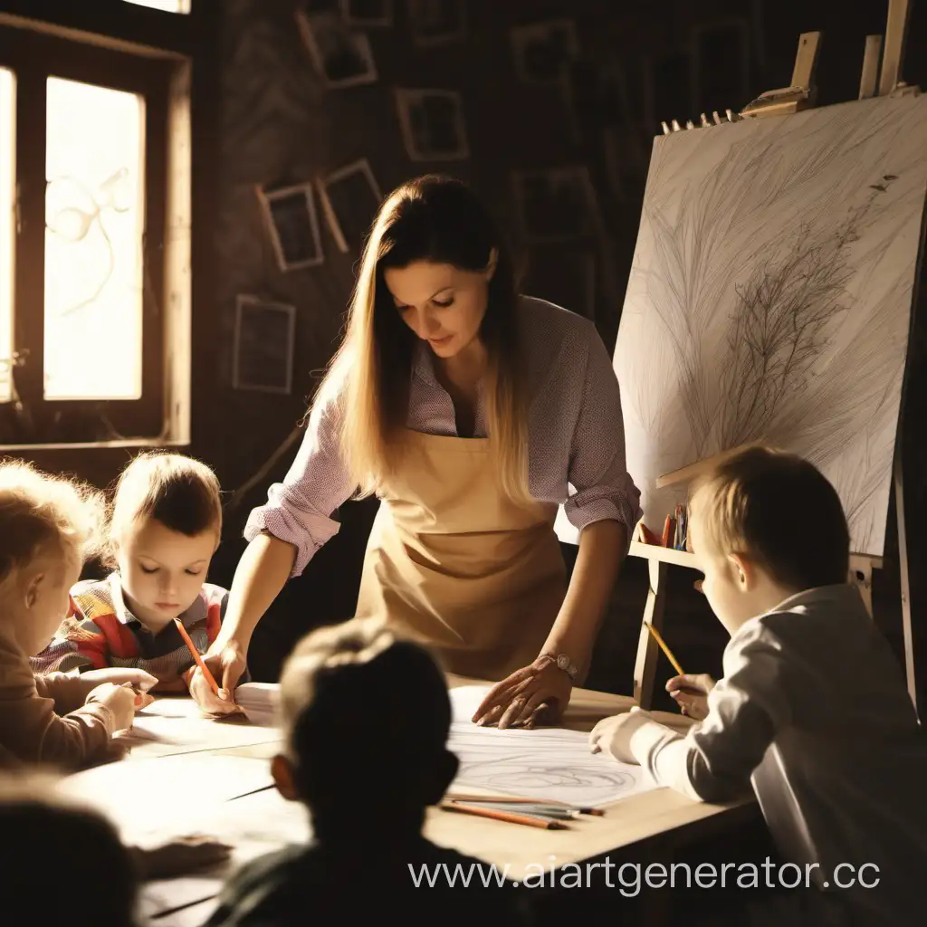 Женщина-педагог ведет мастер класс по рисованию у детей. Творческаю, уютная обстановка