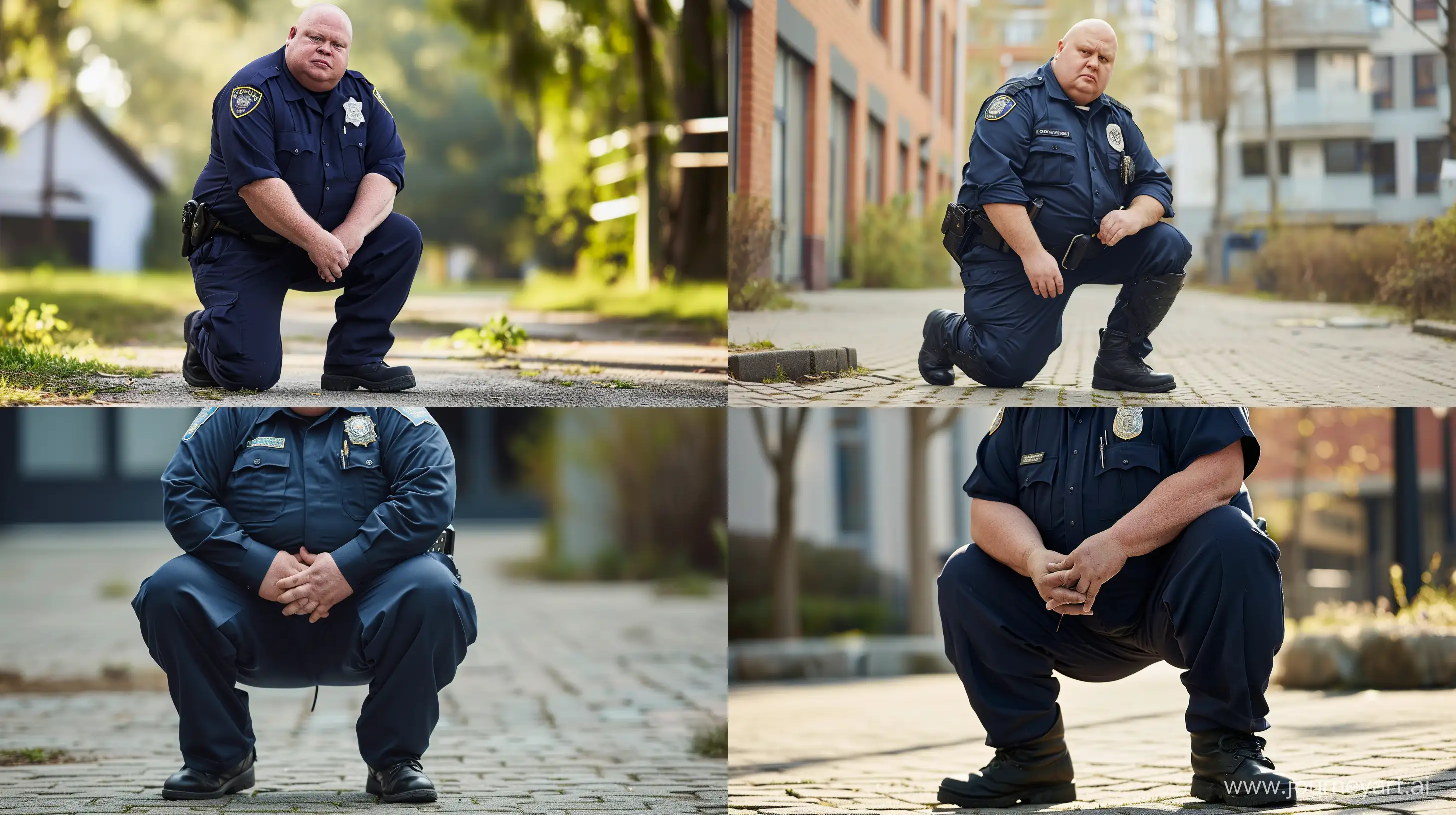 Photo of an obese man aged 70. Kneeling. Wearing a navy blue police office uniform, pants and shirt, black boots. Outside --style raw --ar 16:9 --v 6