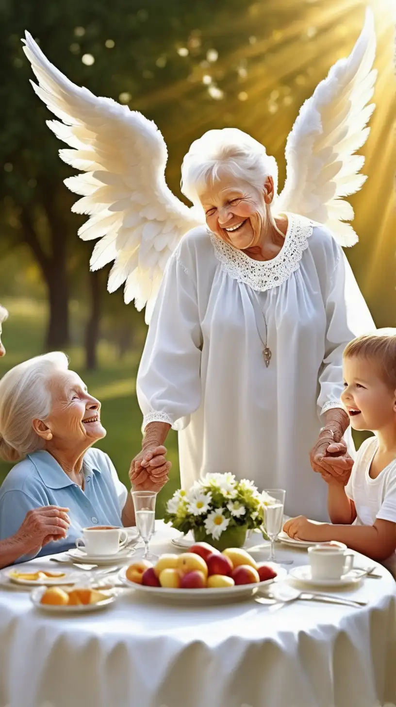 умершые бабушки, дедушки на небе счастливые за столом Им радостно за нас, что мы живем, солнце, небо ангела