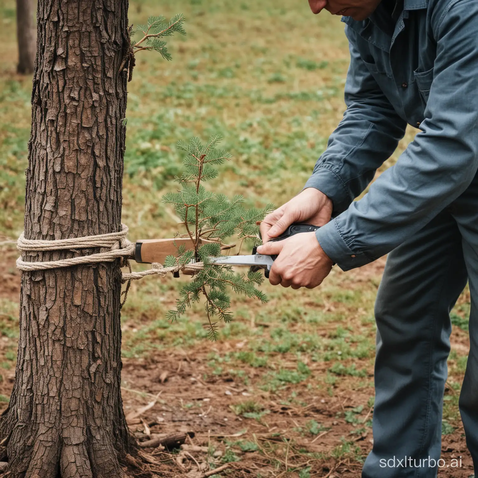 一个男人在用绳子锯小树