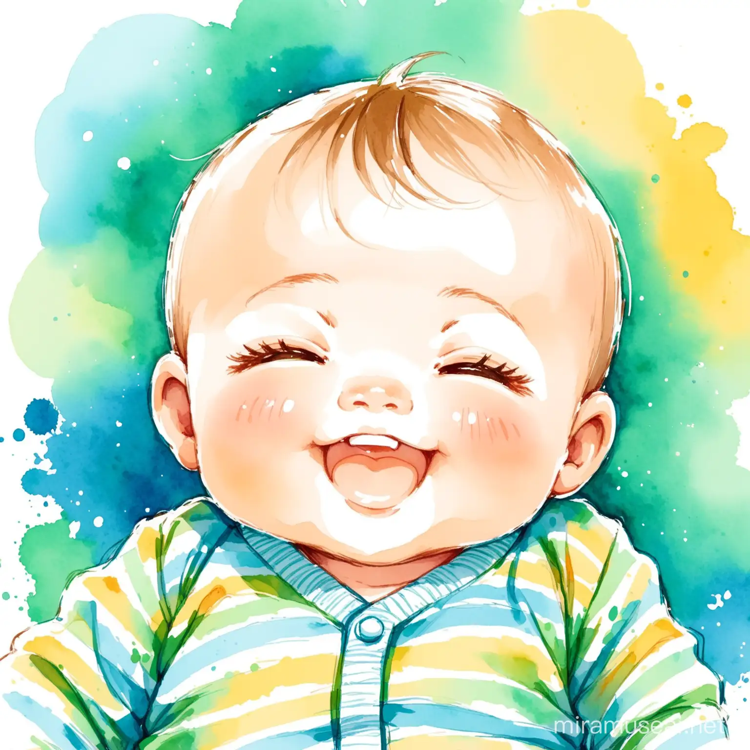 Cheerful Watercolor Sketch of a Baby Boy Splashing in Joyful Delight