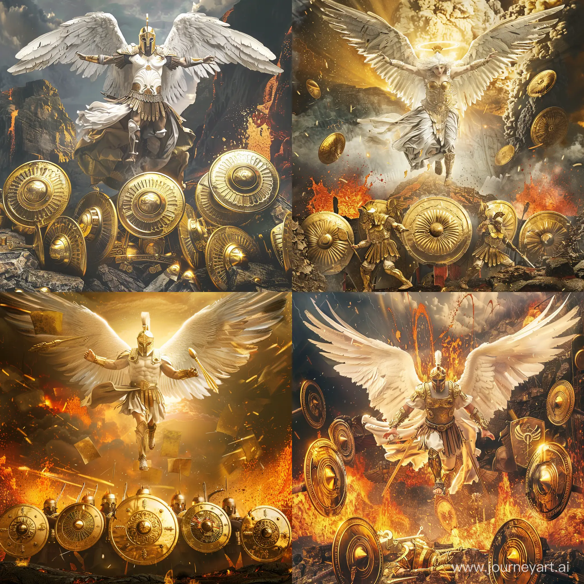 Golden-Archangel-Hovering-Above-Spartan-Shield-Wall-Against-Volcanic-Backdrop