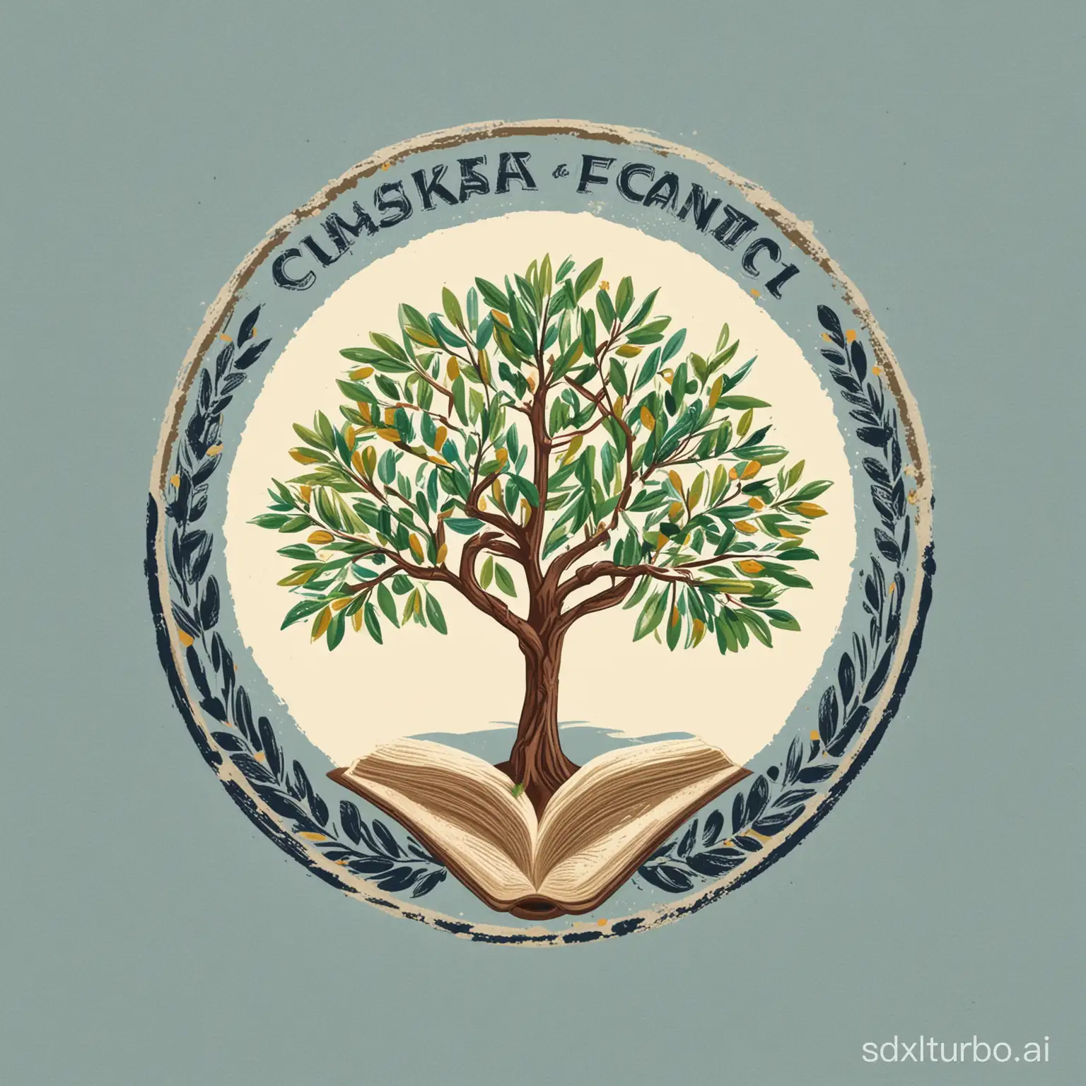 Create a logo for a primary school in Greece with an almond tree, a school and an open book