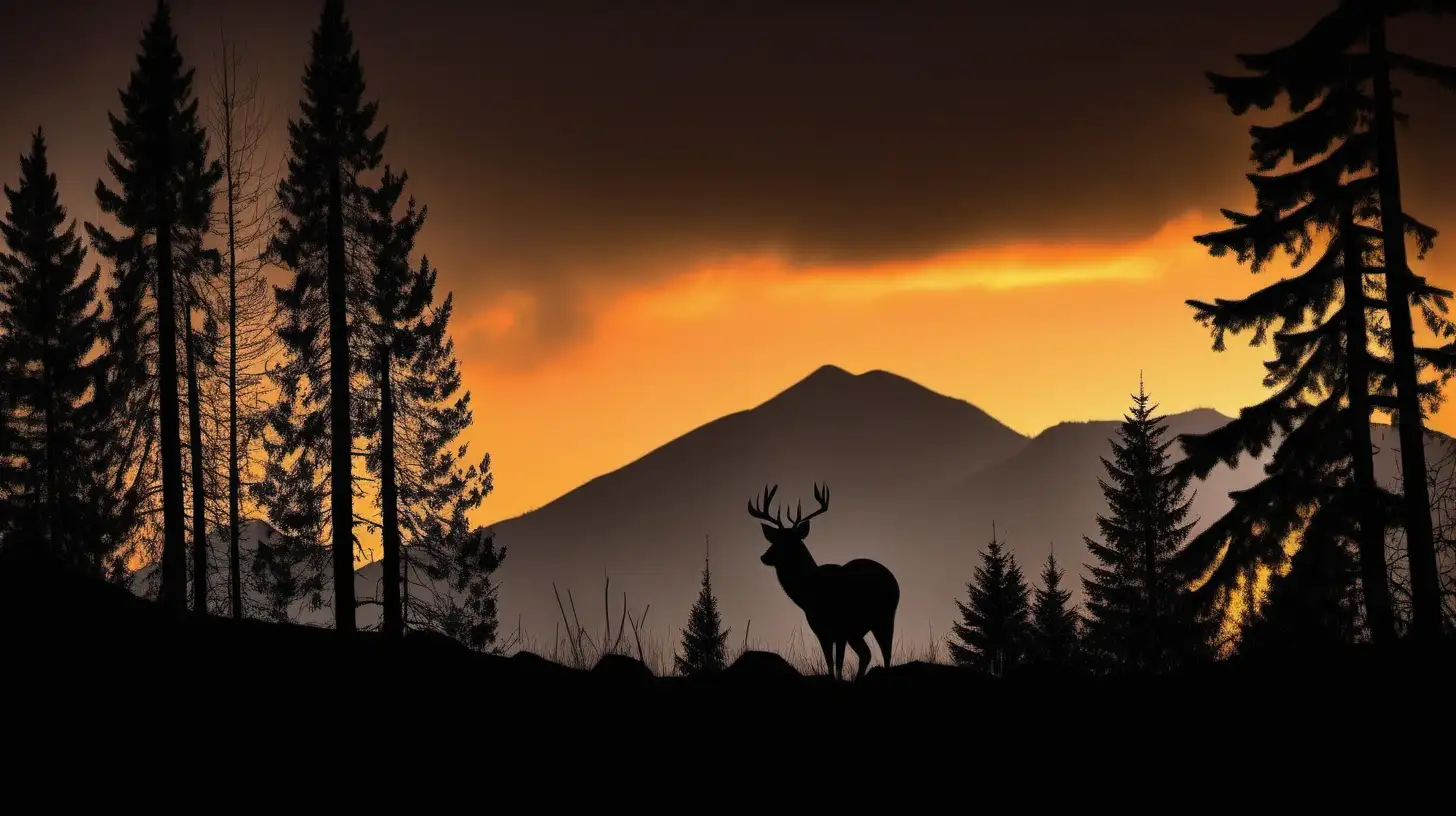rimlit whitetail deer black silhouette in forest sunset with mountain in background
