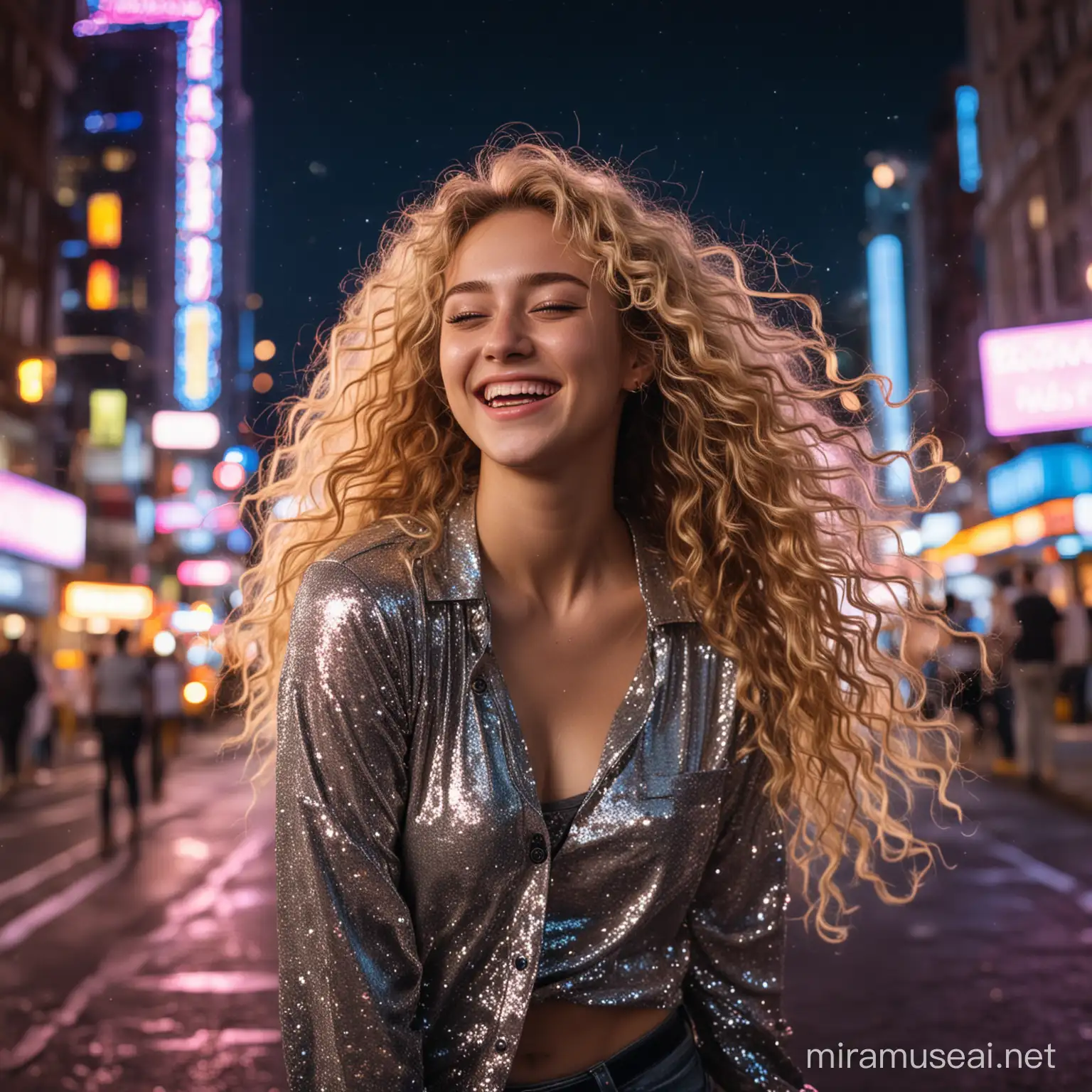A full body image,high resolution, Sony a7 iiii, girl is crying with laughter, smiling wide, fancy shirt, glitter on face and arms, long blonde curly hair, moonlight shining from the right side, background showing a busy city, neon lights