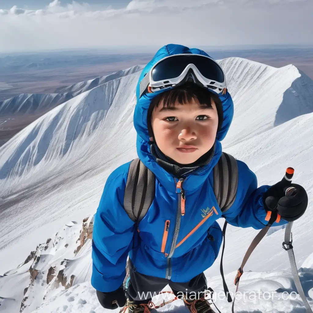 Kazakh boy is at the top of a mountain.