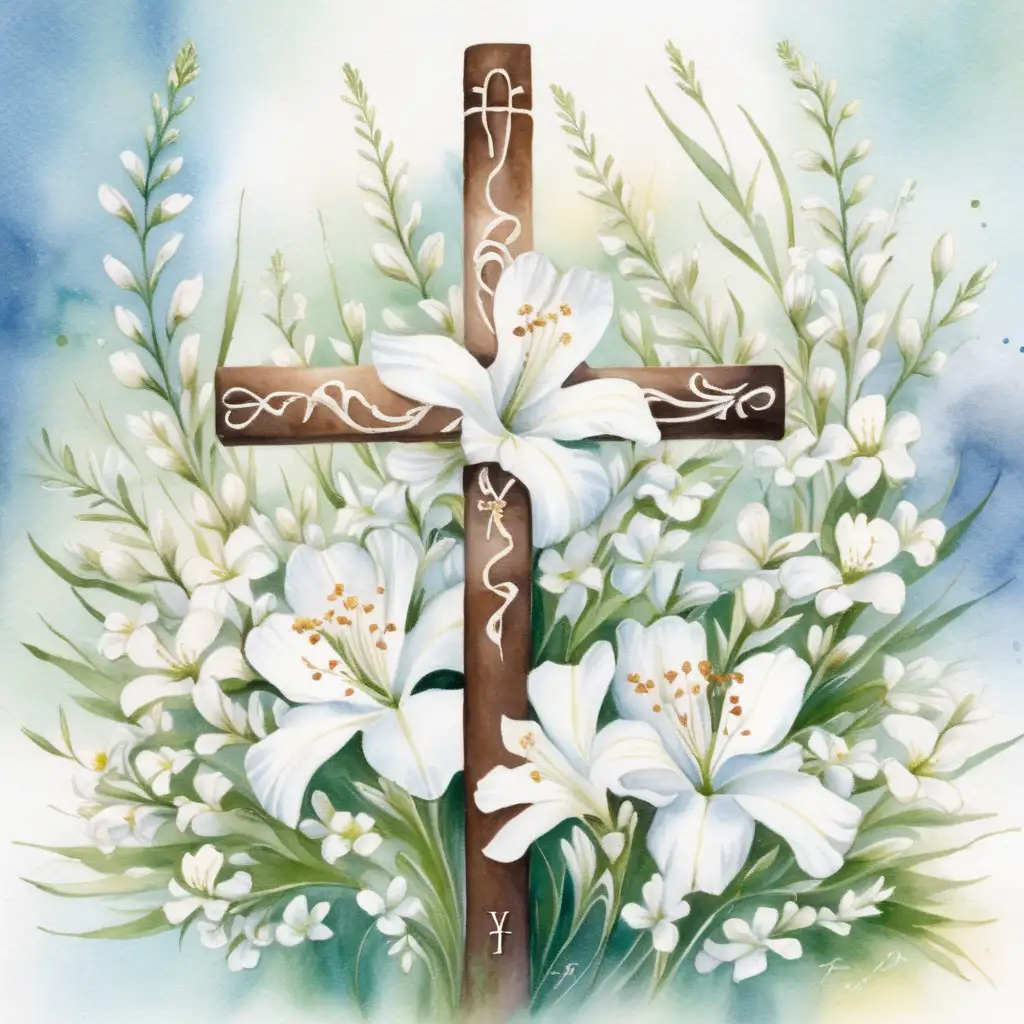 Konfirmation, bibel, kors , vita blommor I vattenfärg 