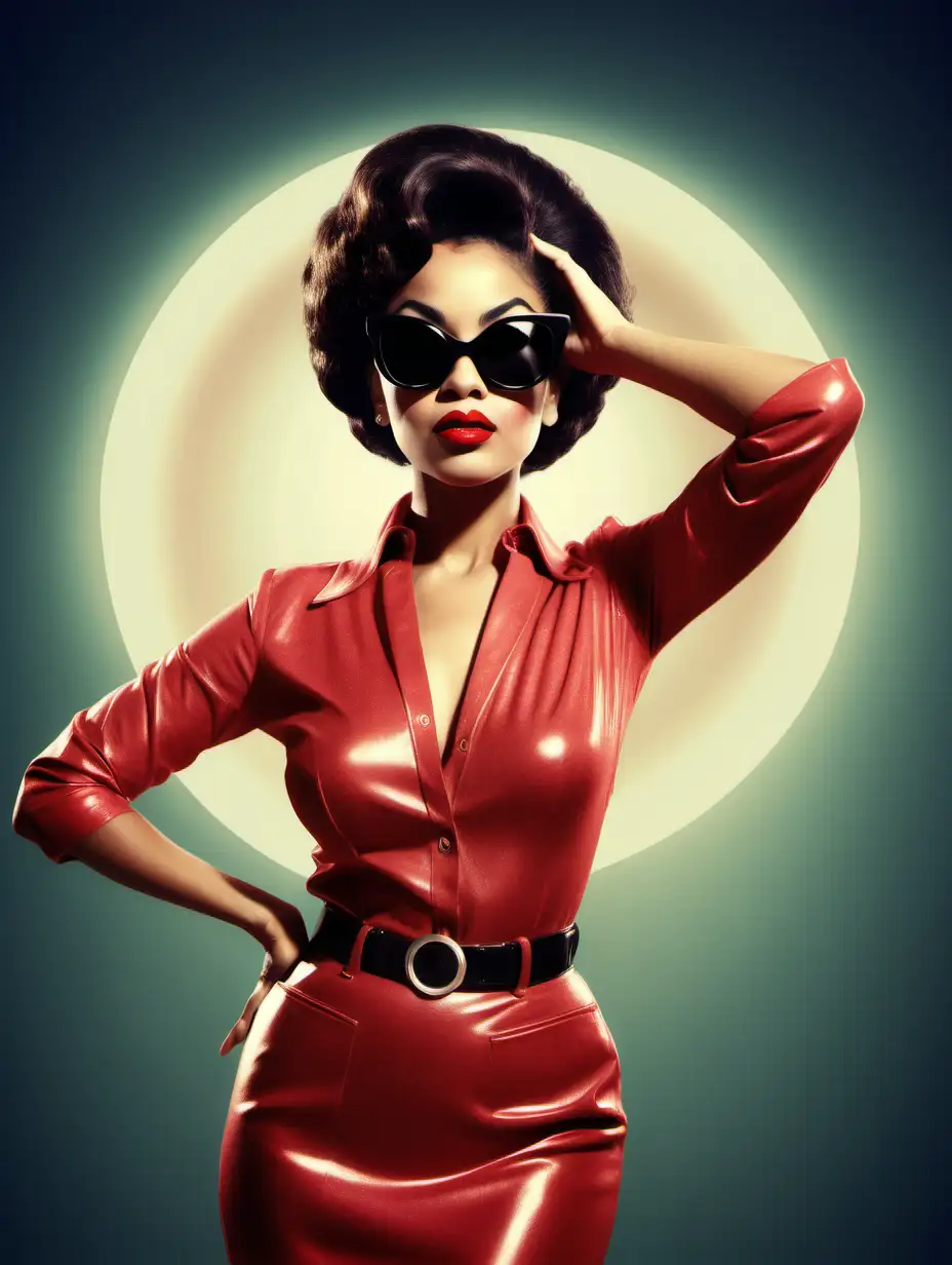 Mixed race woman with flare and sassy attitude, in a sassy pose, red glossy lips, big dark sunglasses, Hollywood style, Hollywood vintage style of the 1960-1970's, No hands. Arms down, Perfect symetrical circle of light behind the womans head, Realistic illustration