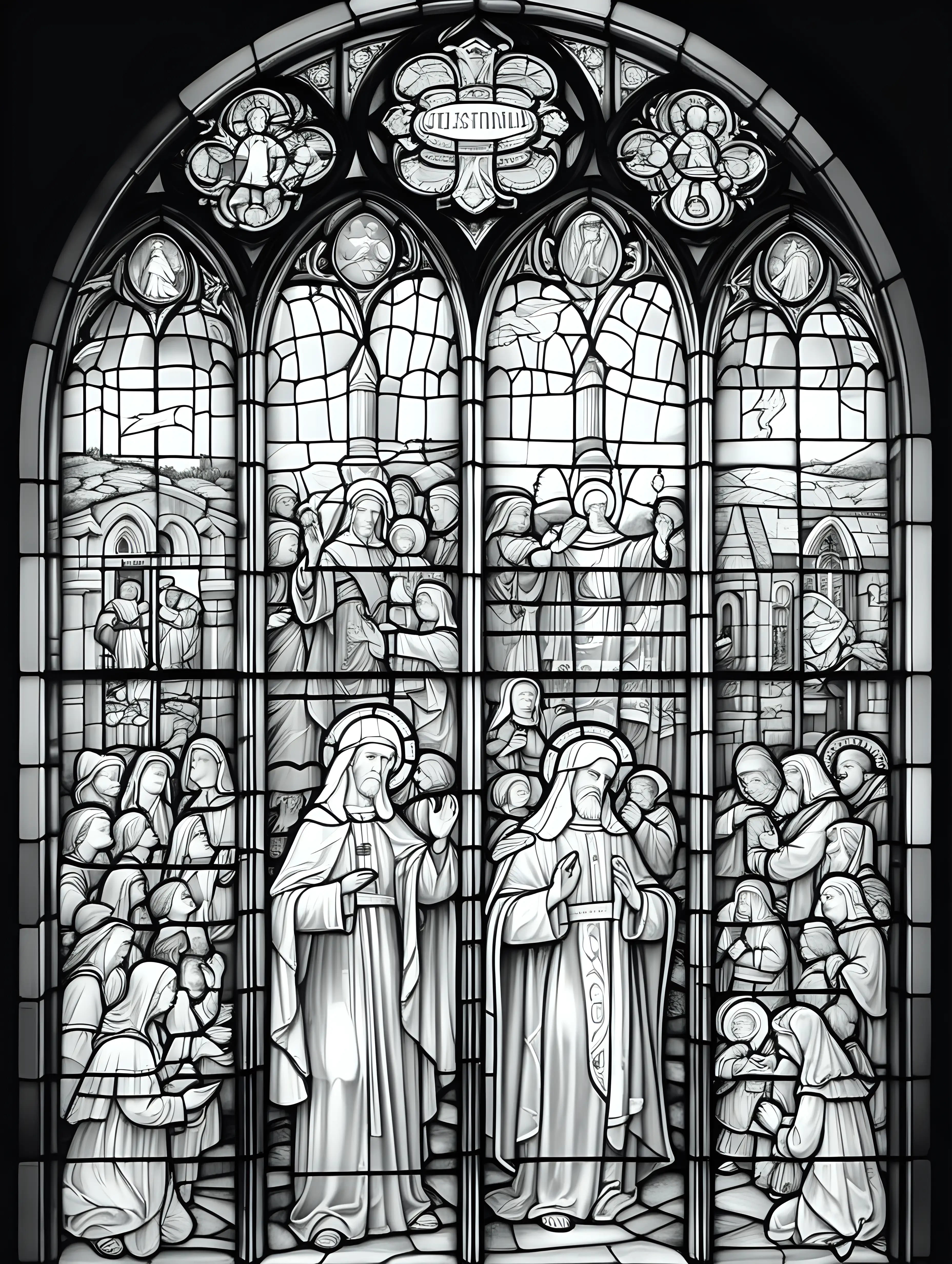 large window in a Catholic church with stained glass, black and white, coloring page, cartoon style, thin lines, few details, no background, no shadows, no greys