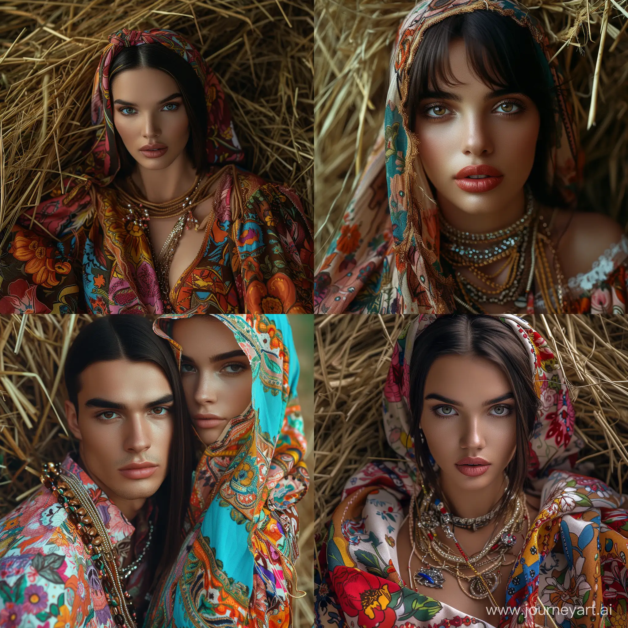 Beautiful woman, handsome man, beautiful eyes, sensual lips, dark straight hair, beautiful figure, layered clothing, bright, bold prints, bright, stylish, lots of jewelry, accessories, monisto, headscarf, bright colors, flowers, hay, play of light and shadow, manipulated photography style, layered mixed technique, Edwin Weeks, professional photography, aesthetic, beautiful, realistic, ISO 2000, soft lighting, 4k
