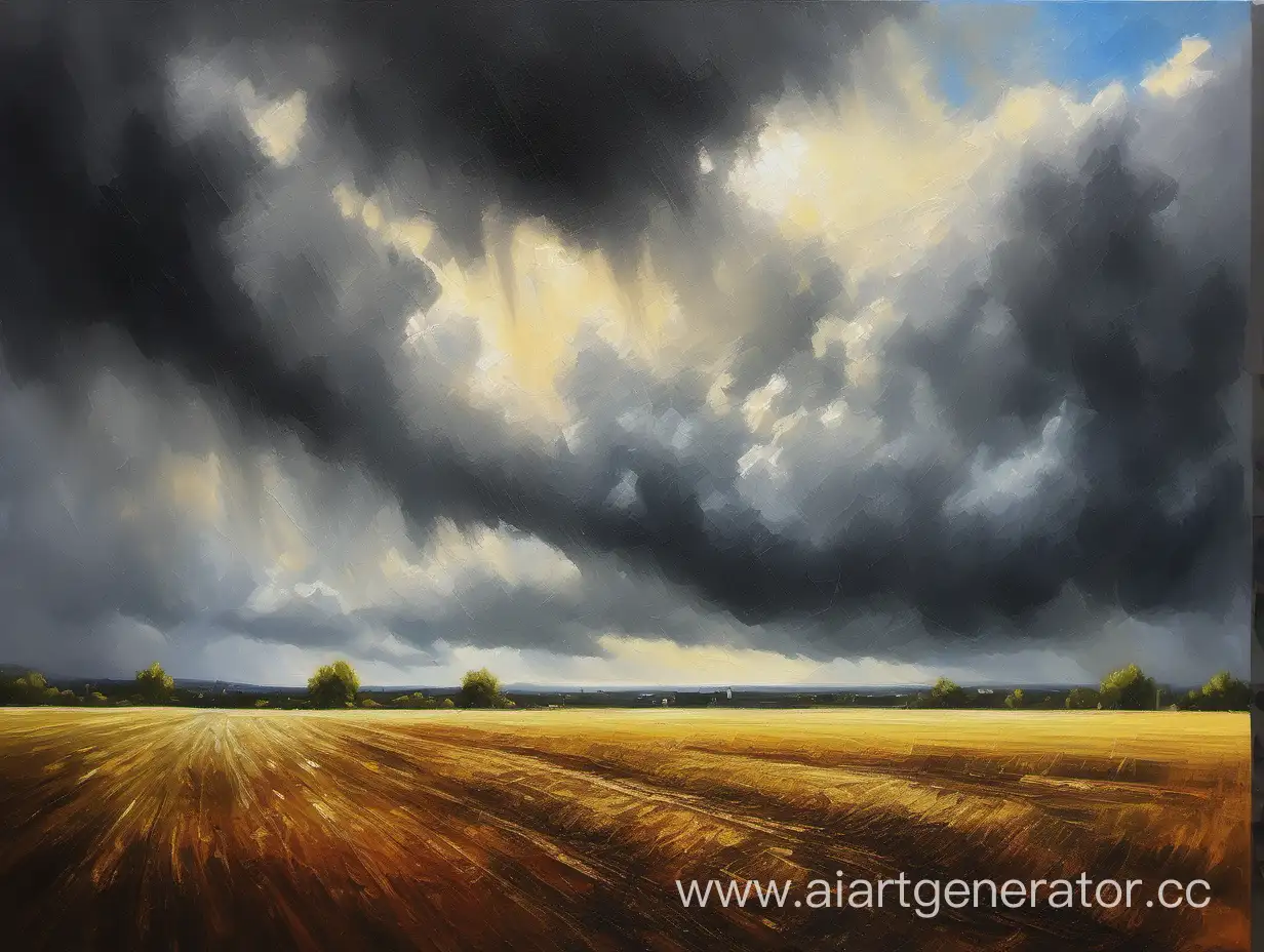 Sunlight-Breaking-Through-Dark-Clouds-over-Field-in-Oil-Painting