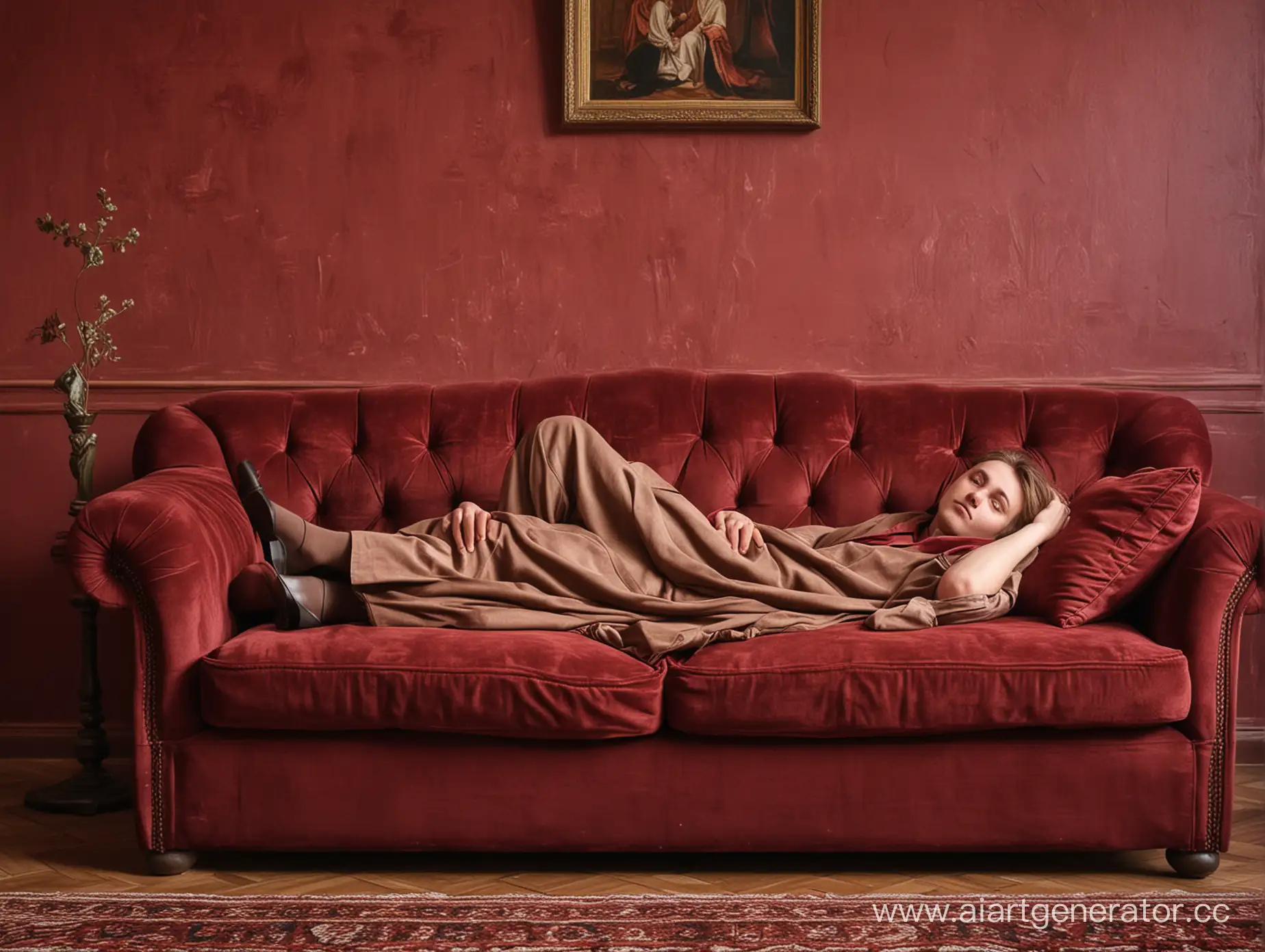 персонаж Илья Обломов из романа А.И. Гончарова "Обломов" лежит на диване в комнате с бордовыми стенами
