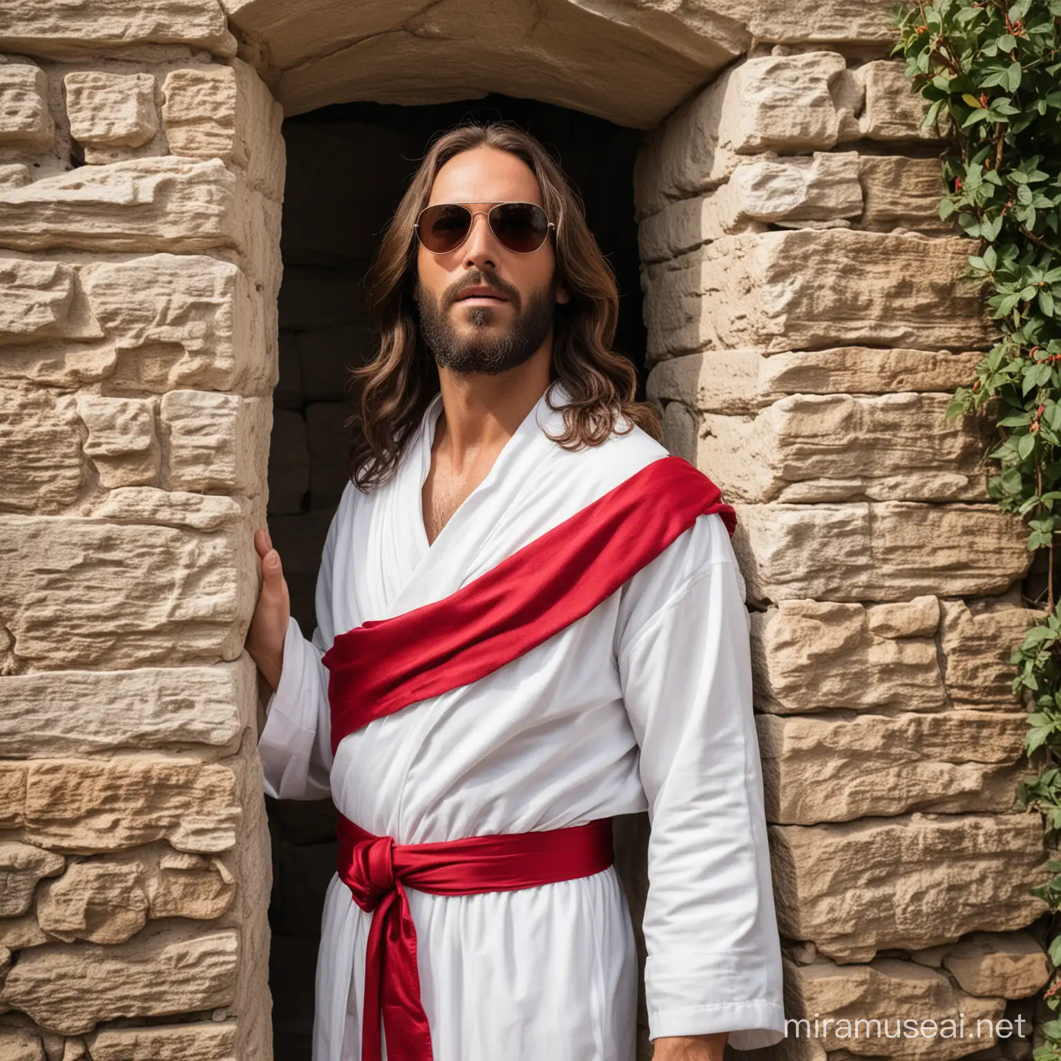 Jesus wearing a white robe with a red sash and aviator sunglasses. Peeking out of his natural stone tomb saying I'm back