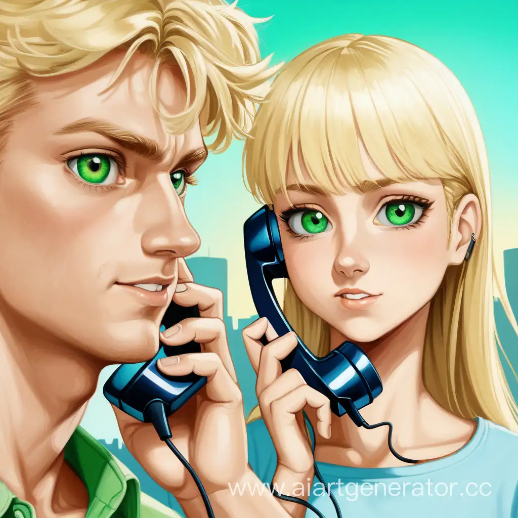 Зелёно  глазый парень блондин разговаривает с телефоном в нижнем фоне с каре глазый девушкой блондинкой